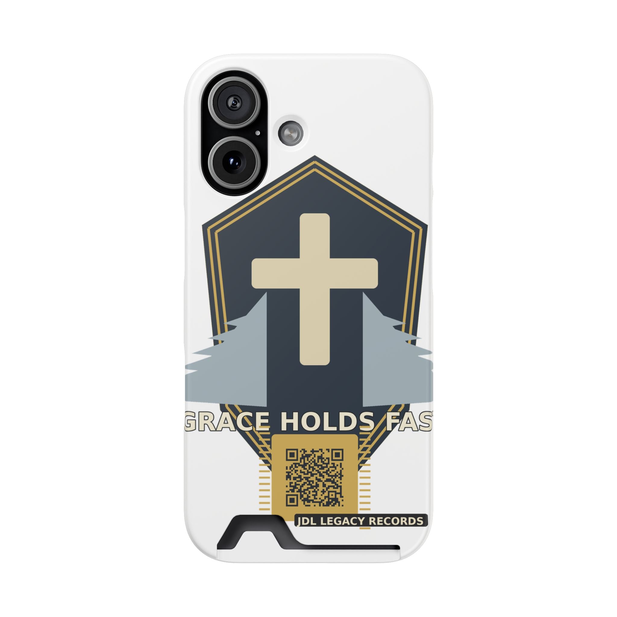 Christian Cross Phone Card Case — "Grace Holds Fast" RFID Cardholder Phone Case