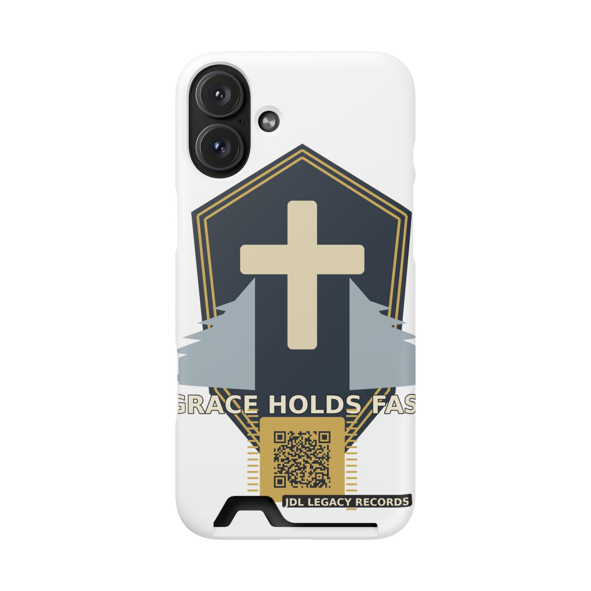 Christian Cross Phone Card Case — "Grace Holds Fast" RFID Cardholder Phone Case