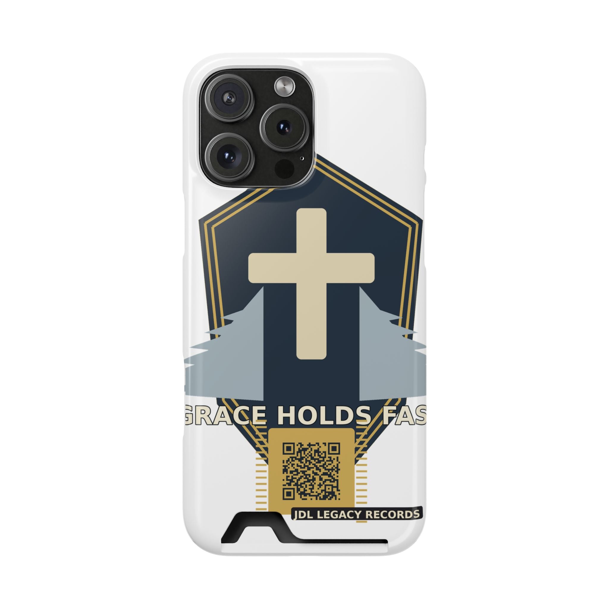 Christian Cross Phone Card Case — "Grace Holds Fast" RFID Cardholder Phone Case