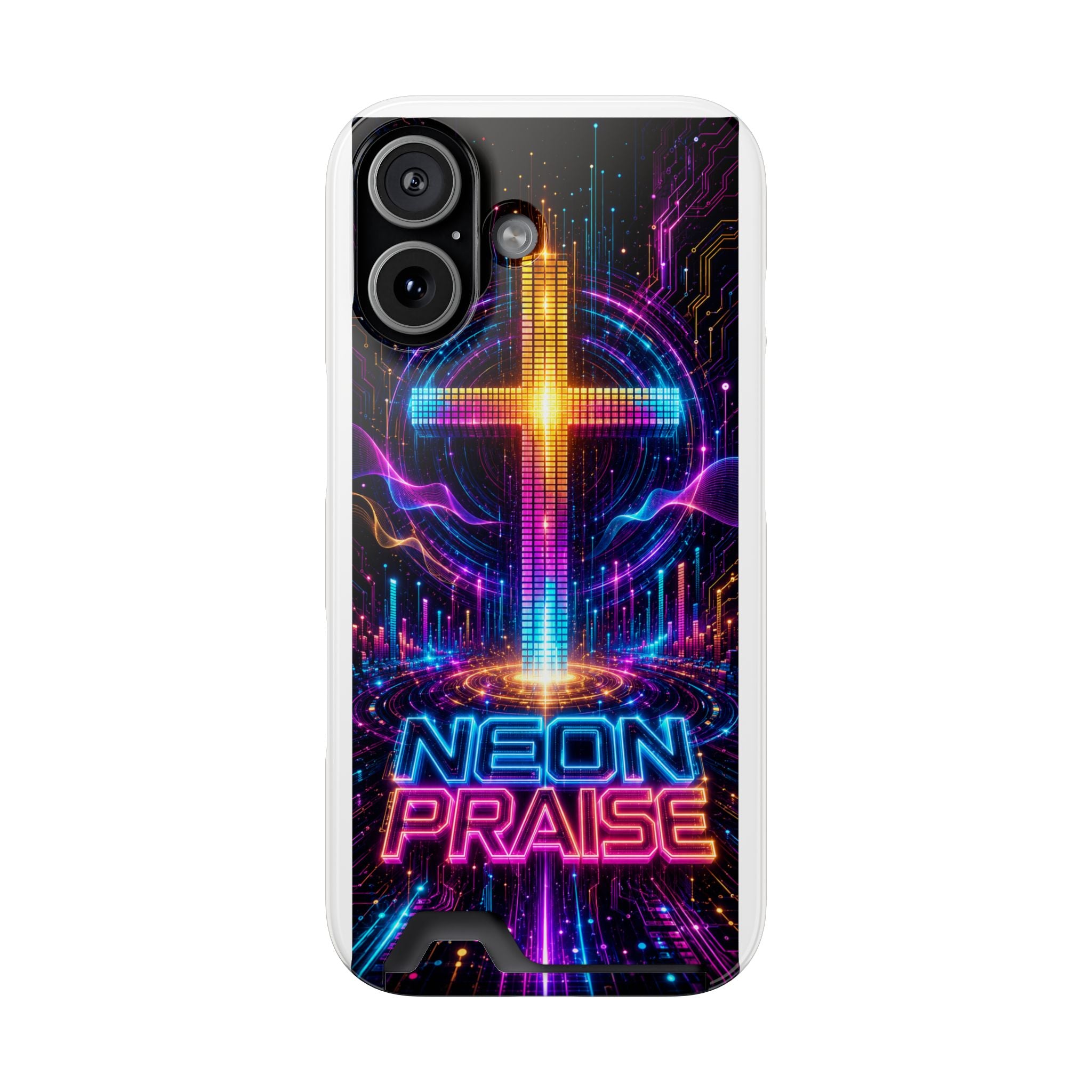 Neon Praise Phone Case with Card Holder — Retro Cross Glow Design