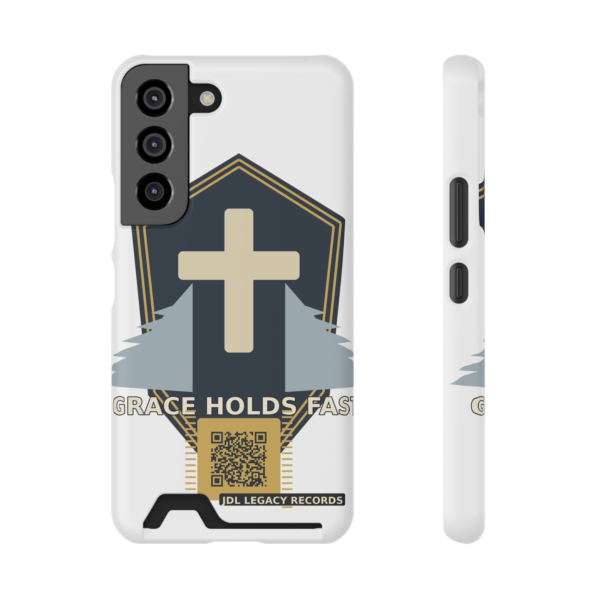 Christian Cross Phone Card Case — "Grace Holds Fast" RFID Cardholder Phone Case