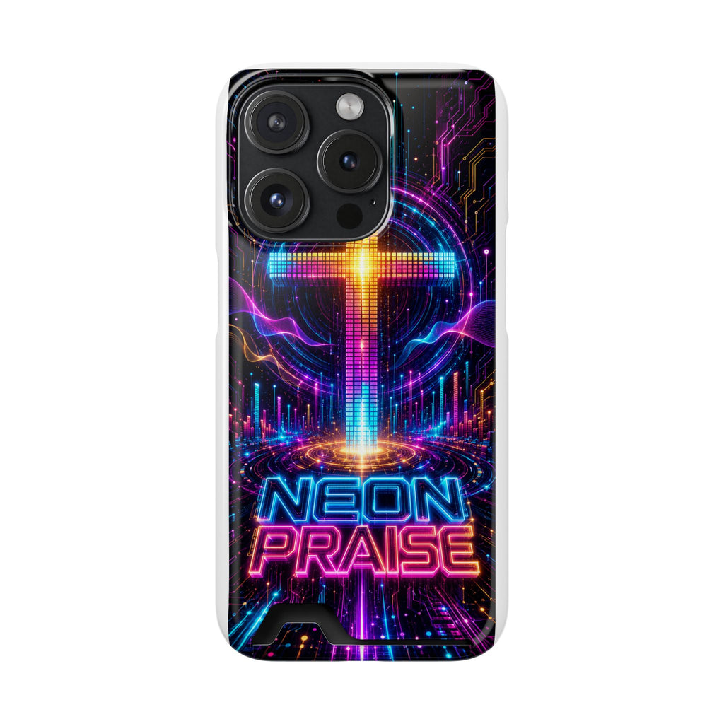 Neon Praise Phone Case with Card Holder — Retro Cross Glow Design
