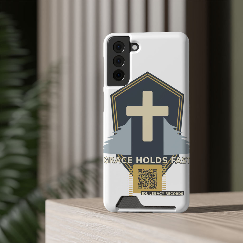 Christian Cross Phone Card Case — "Grace Holds Fast" RFID Cardholder Phone Case