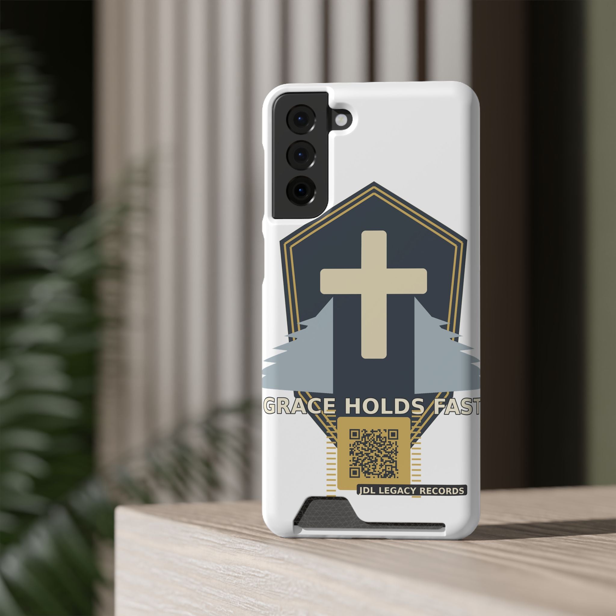 Christian Cross Phone Card Case — "Grace Holds Fast" RFID Cardholder Phone Case