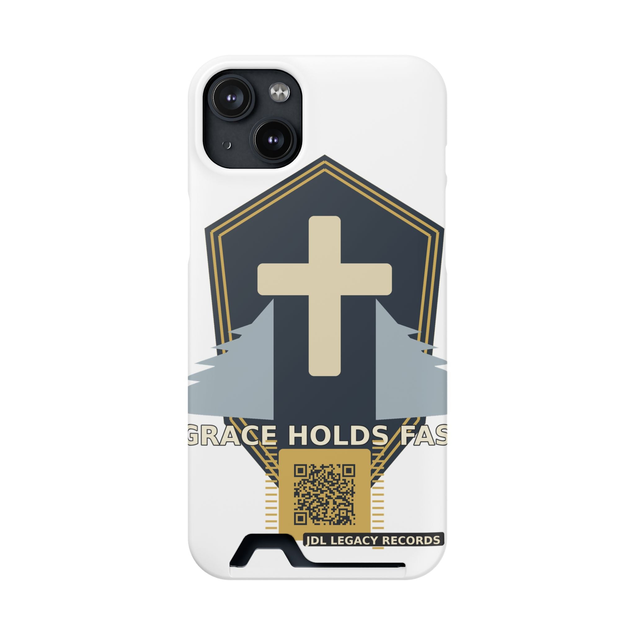 Christian Cross Phone Card Case — "Grace Holds Fast" RFID Cardholder Phone Case