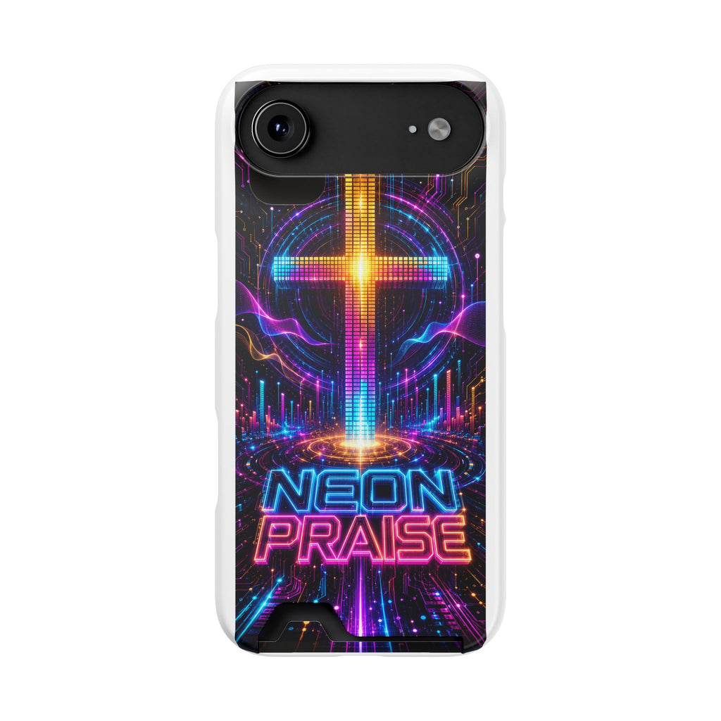 Neon Praise Phone Case with Card Holder — Retro Cross Glow Design