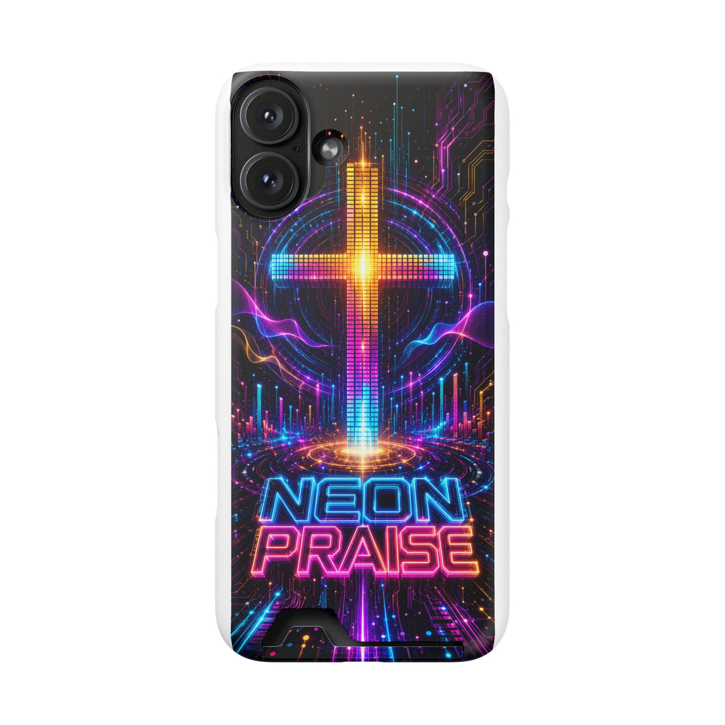 Neon Praise Phone Case with Card Holder — Retro Cross Glow Design