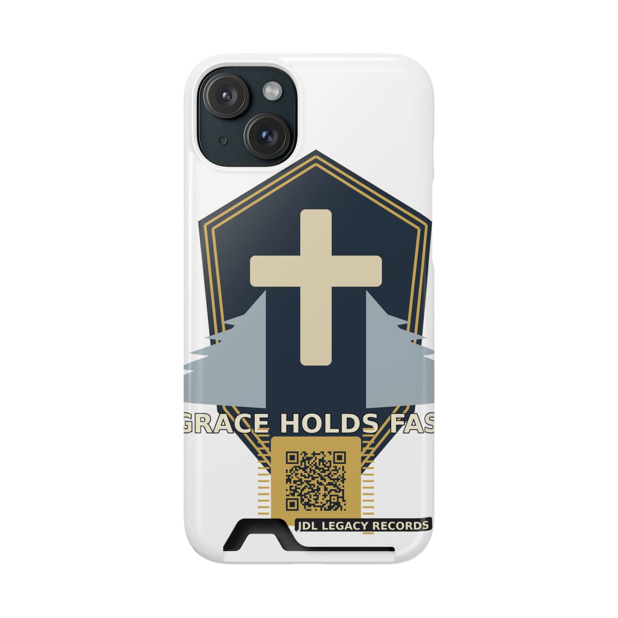 Christian Cross Phone Card Case — "Grace Holds Fast" RFID Cardholder Phone Case