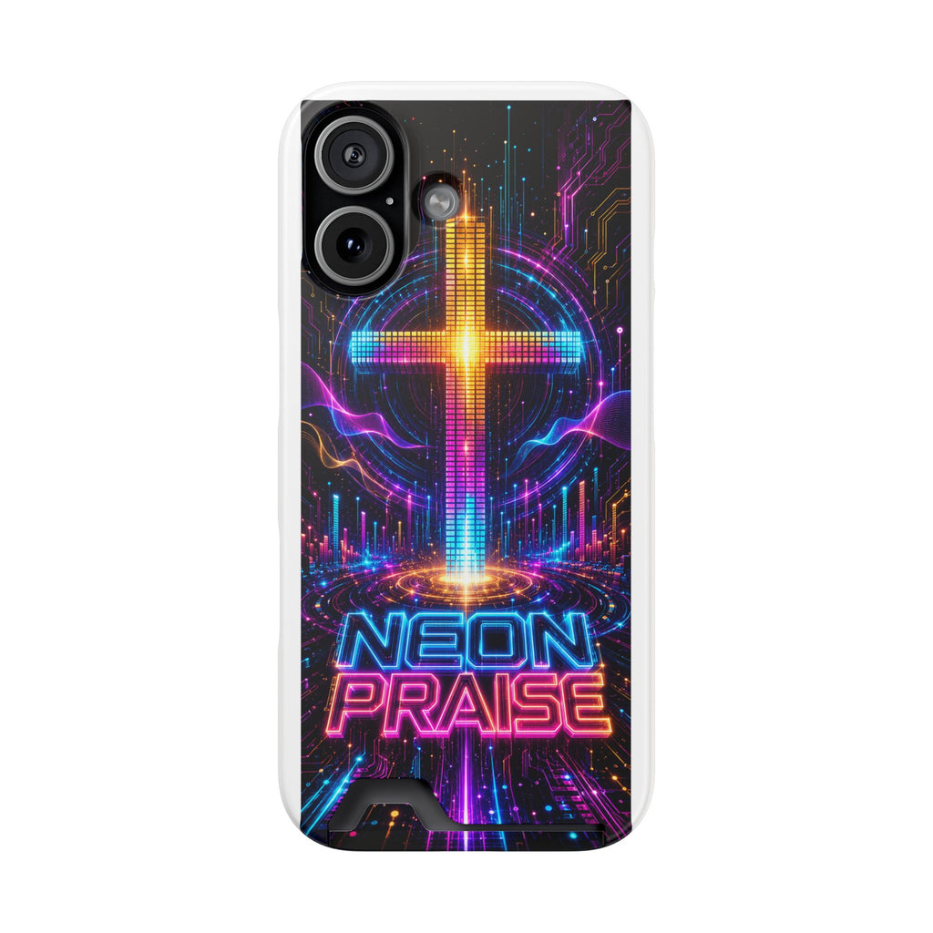 Neon Praise Phone Case with Card Holder — Retro Cross Glow Design