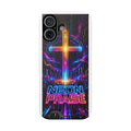 Neon Praise Phone Case with Card Holder — Retro Cross Glow Design