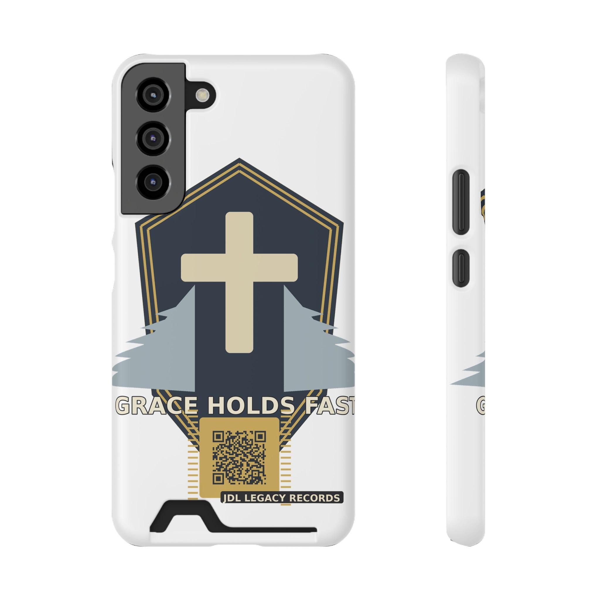 Christian Cross Phone Card Case — "Grace Holds Fast" RFID Cardholder Phone Case