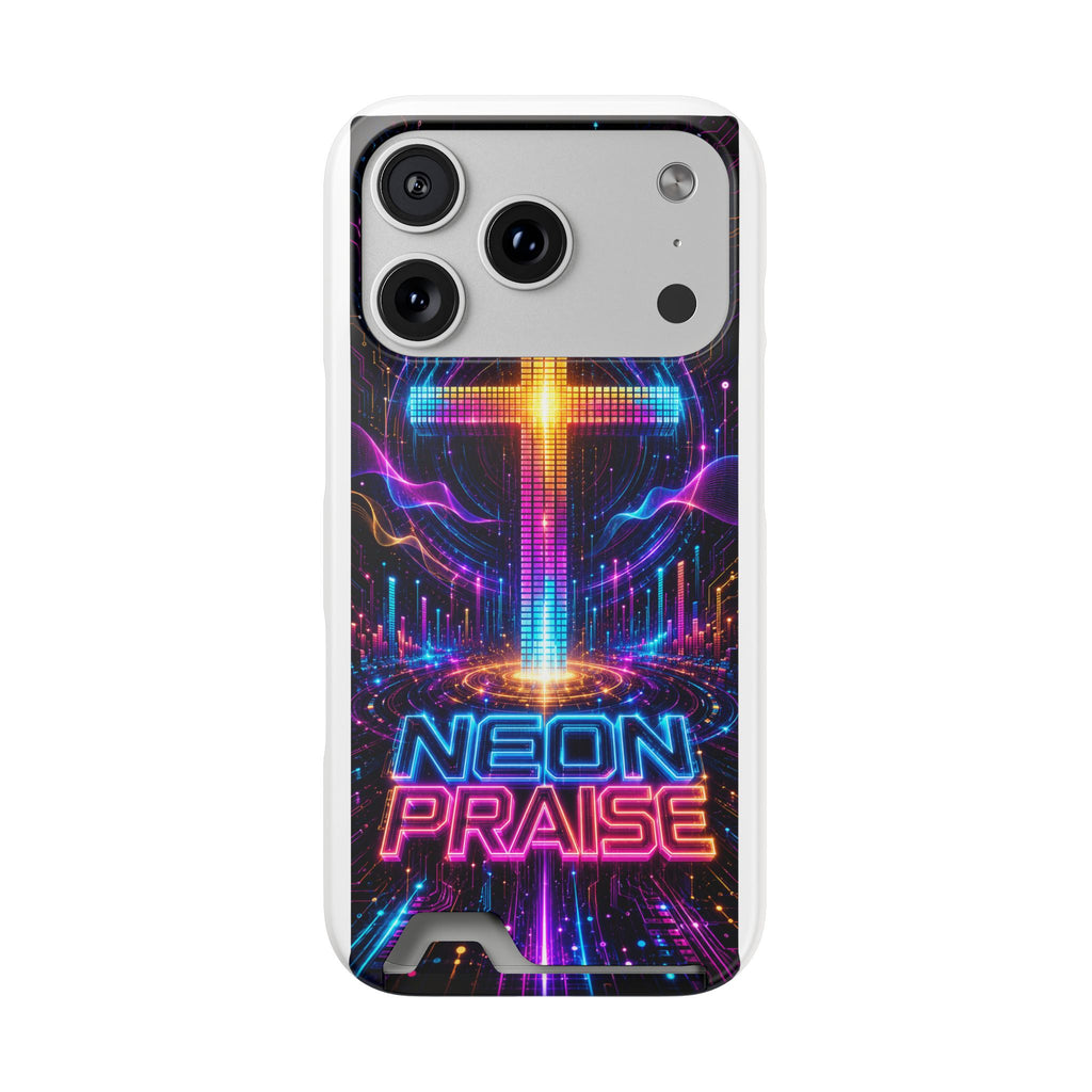 Neon Praise Phone Case with Card Holder — Retro Cross Glow Design