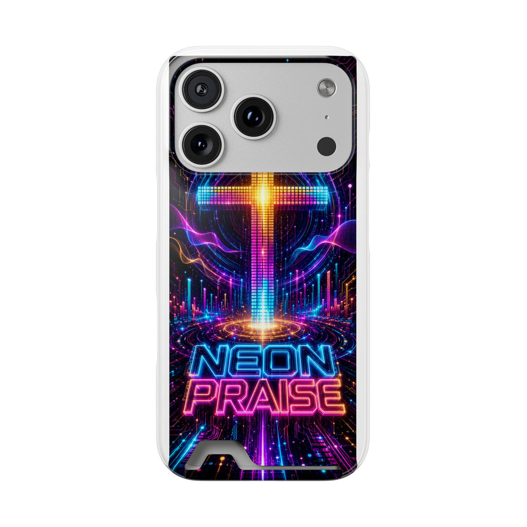 Neon Praise Phone Case with Card Holder — Retro Cross Glow Design