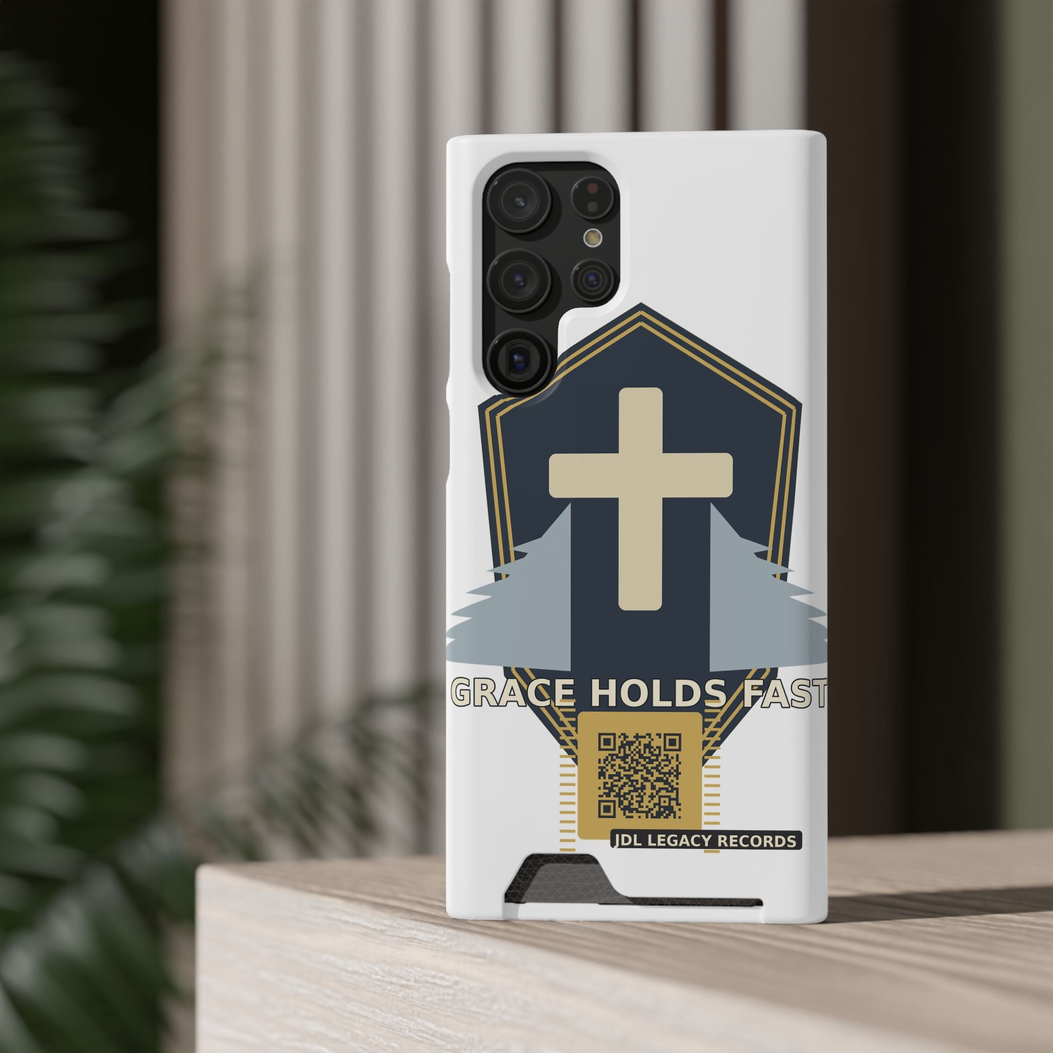 Christian Cross Phone Card Case — "Grace Holds Fast" RFID Cardholder Phone Case
