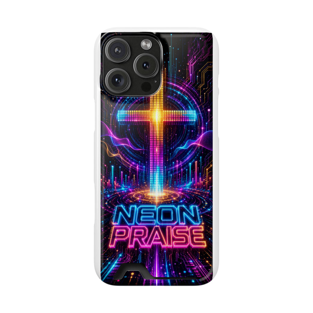 Neon Praise Phone Case with Card Holder — Retro Cross Glow Design