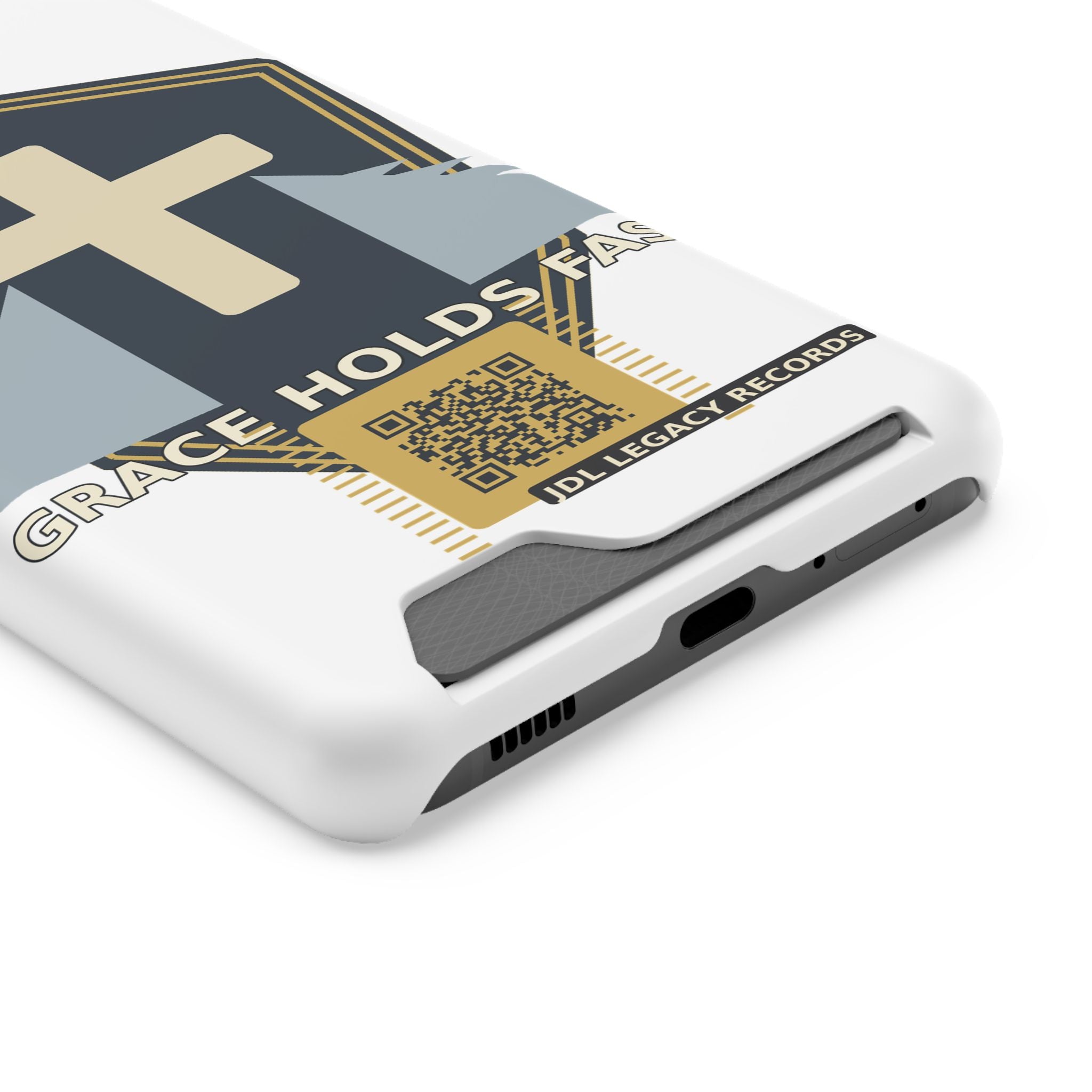 Christian Cross Phone Card Case — "Grace Holds Fast" RFID Cardholder Phone Case