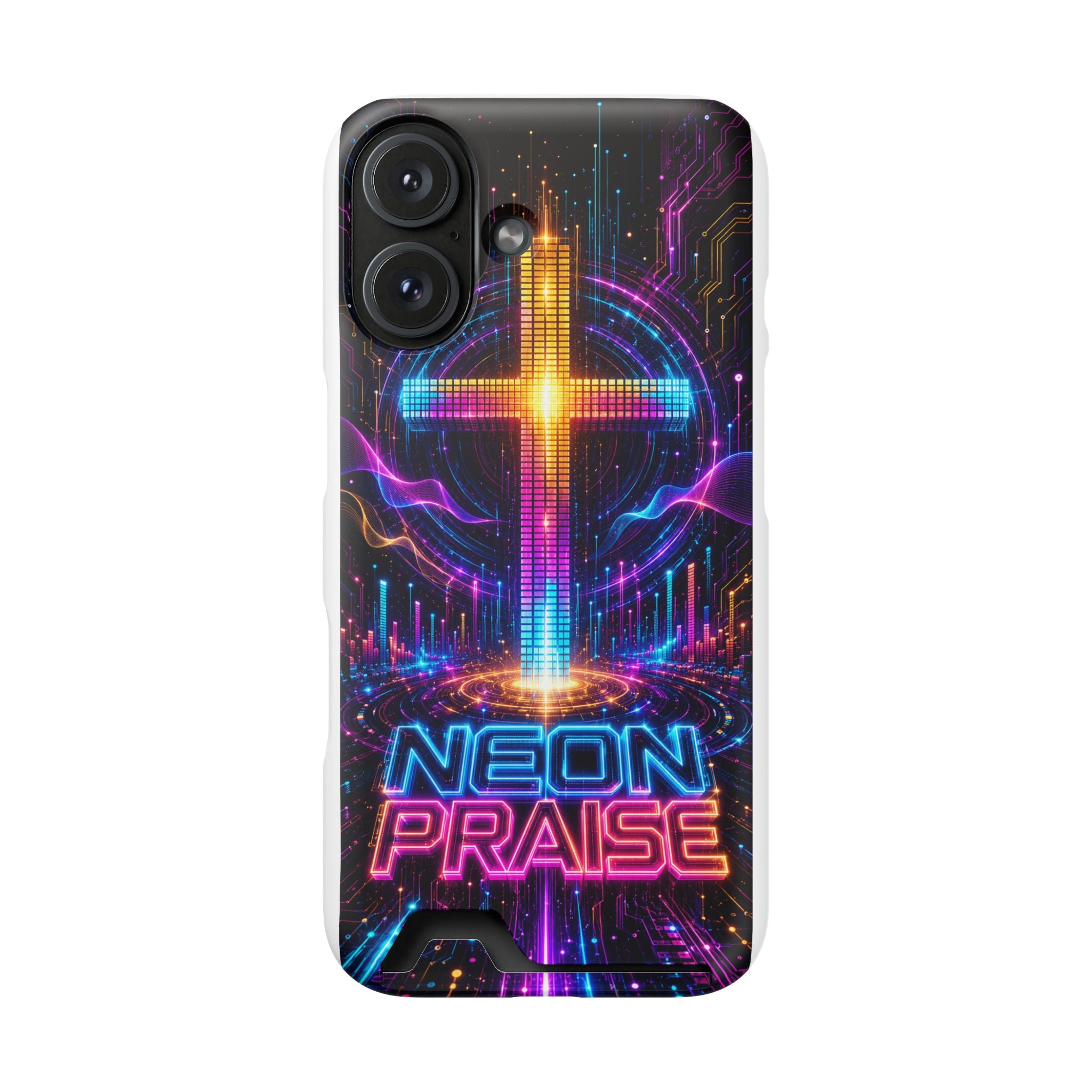 Neon Praise Phone Case with Card Holder — Retro Cross Glow Design