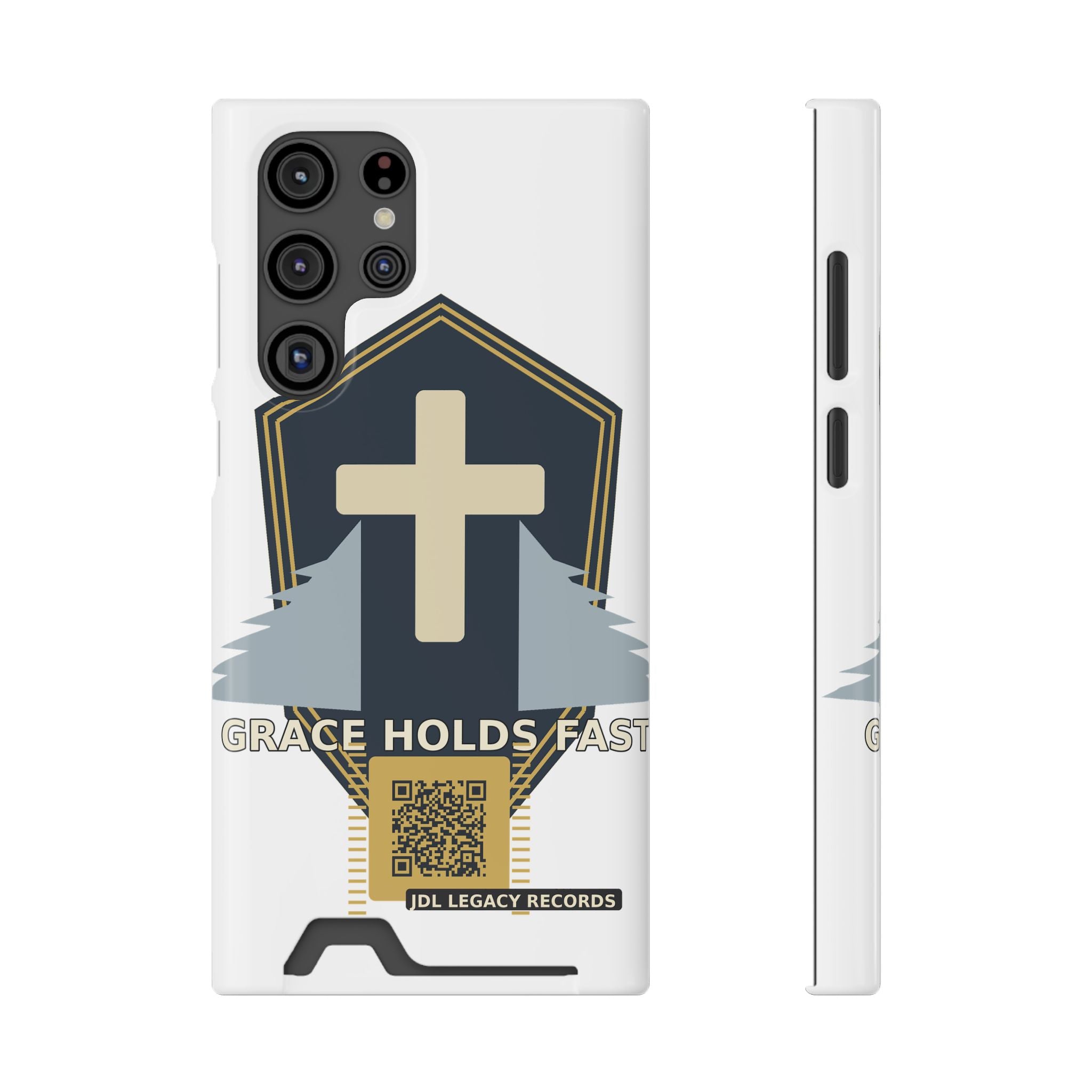 Christian Cross Phone Card Case — "Grace Holds Fast" RFID Cardholder Phone Case