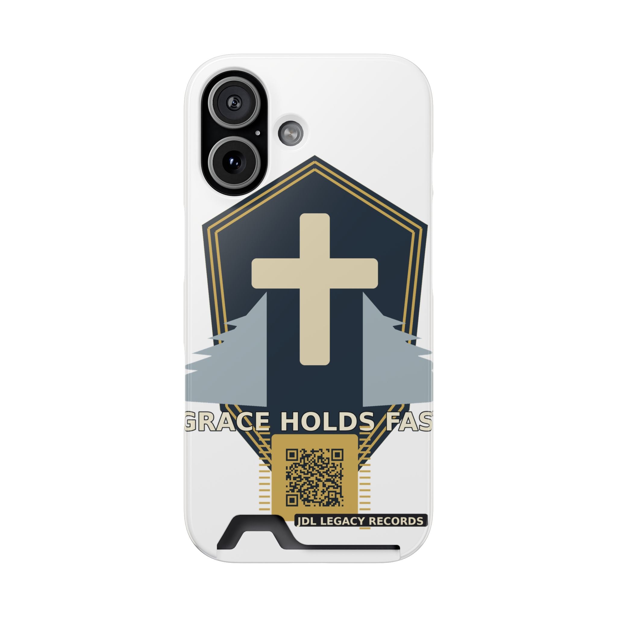 Christian Cross Phone Card Case — "Grace Holds Fast" RFID Cardholder Phone Case