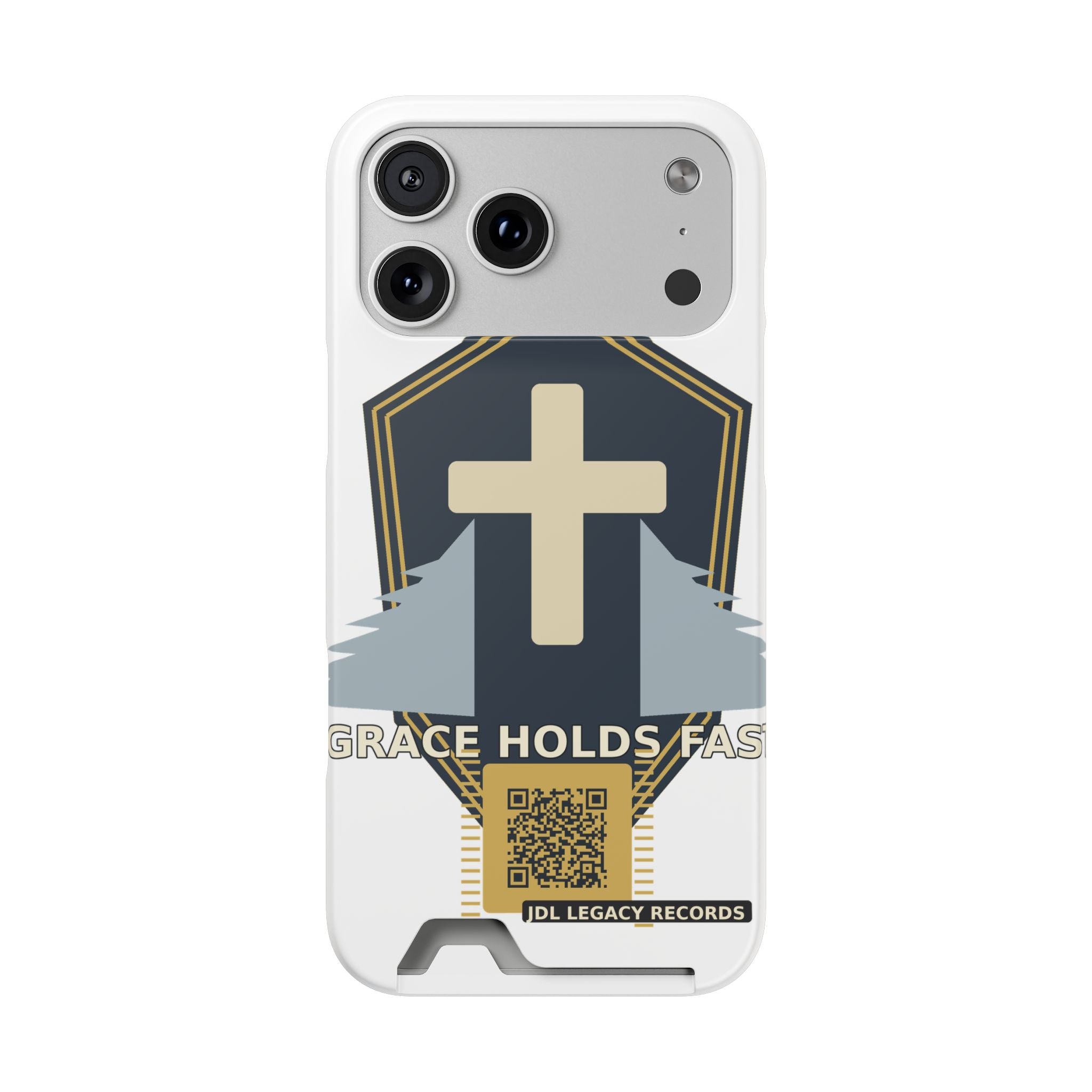 Christian Cross Phone Card Case — "Grace Holds Fast" RFID Cardholder Phone Case