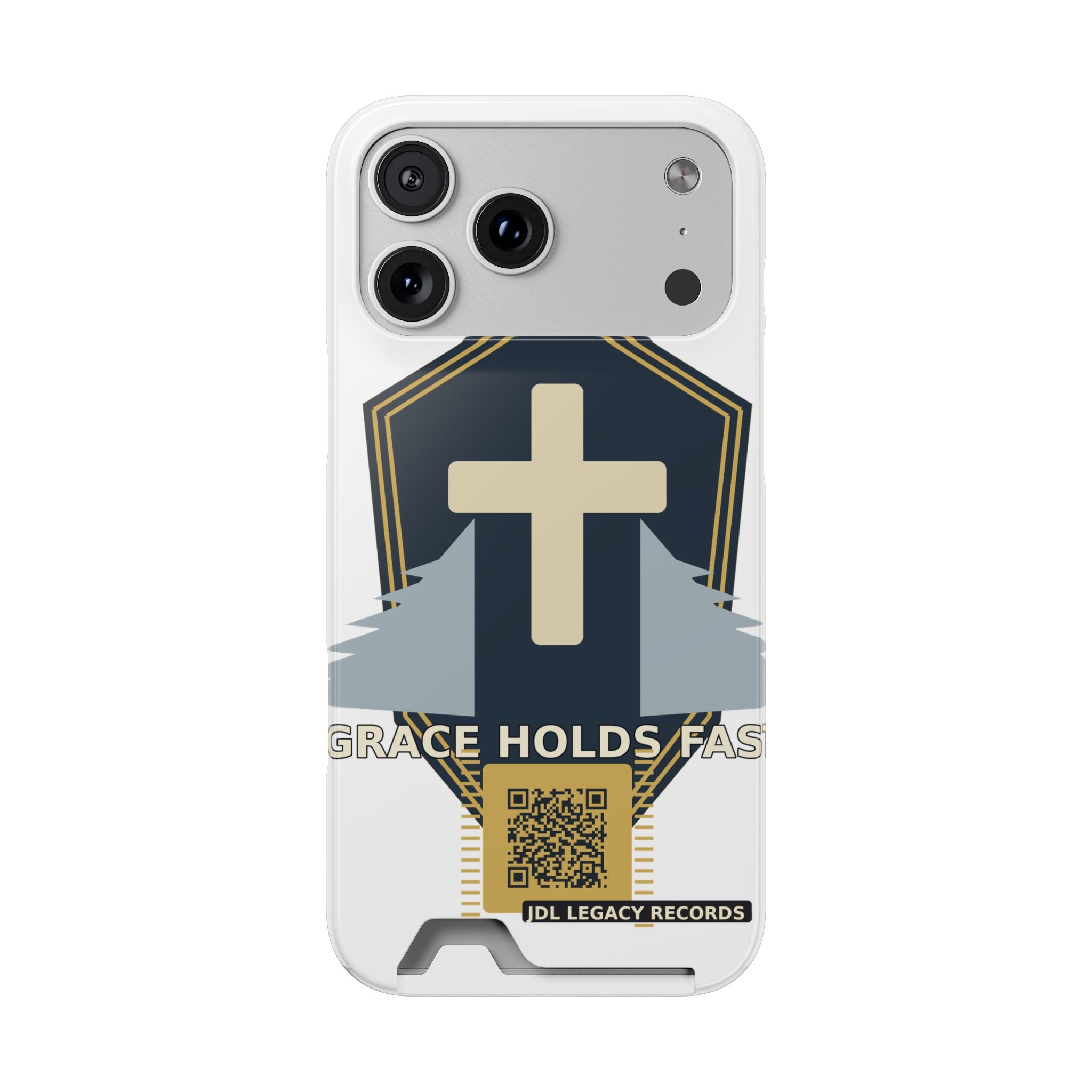 Christian Cross Phone Card Case — "Grace Holds Fast" RFID Cardholder Phone Case