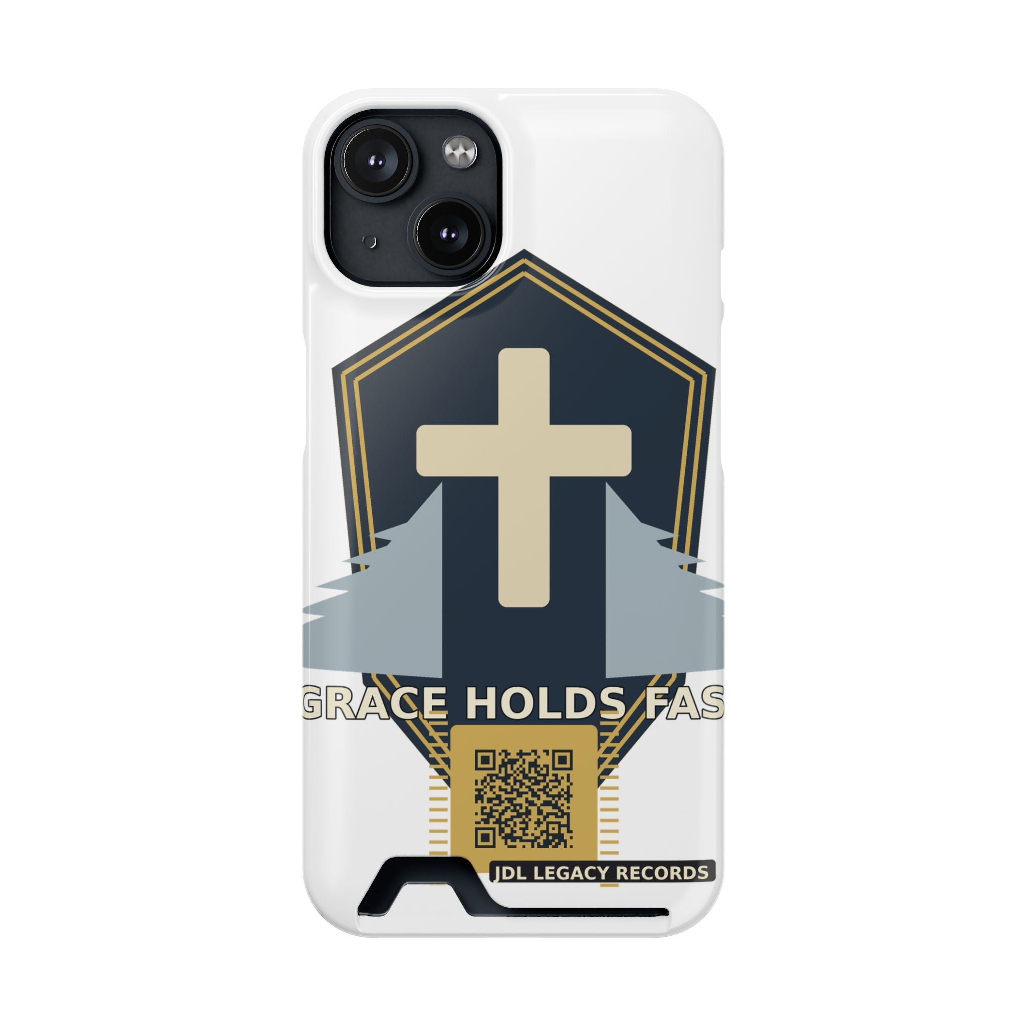 Christian Cross Phone Card Case — "Grace Holds Fast" RFID Cardholder Phone Case