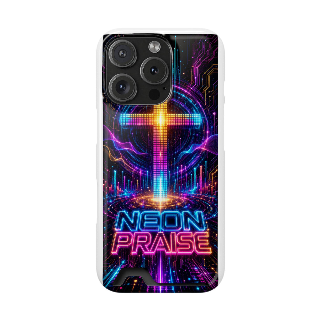 Neon Praise Phone Case with Card Holder — Retro Cross Glow Design