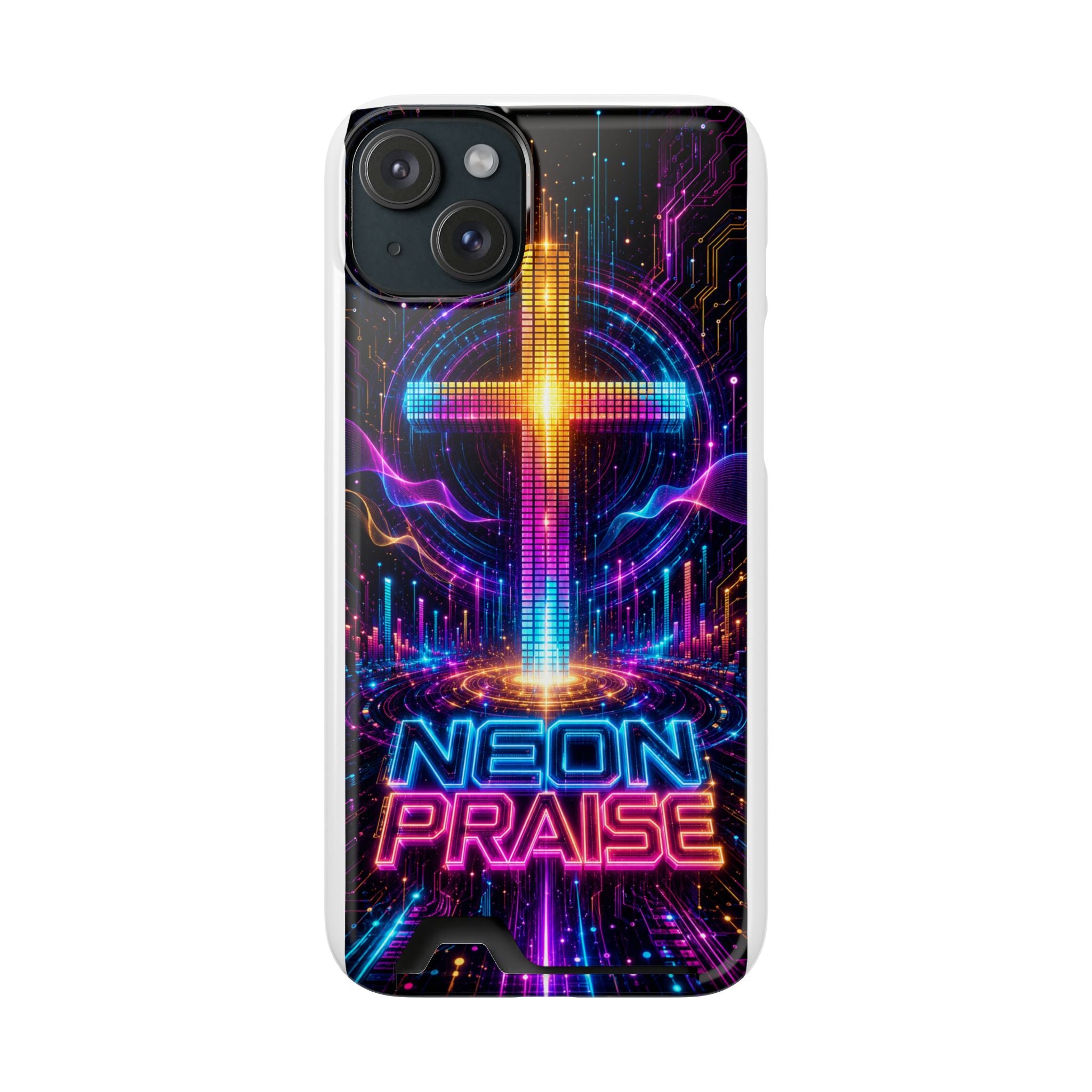 Neon Praise Phone Case with Card Holder — Retro Cross Glow Design
