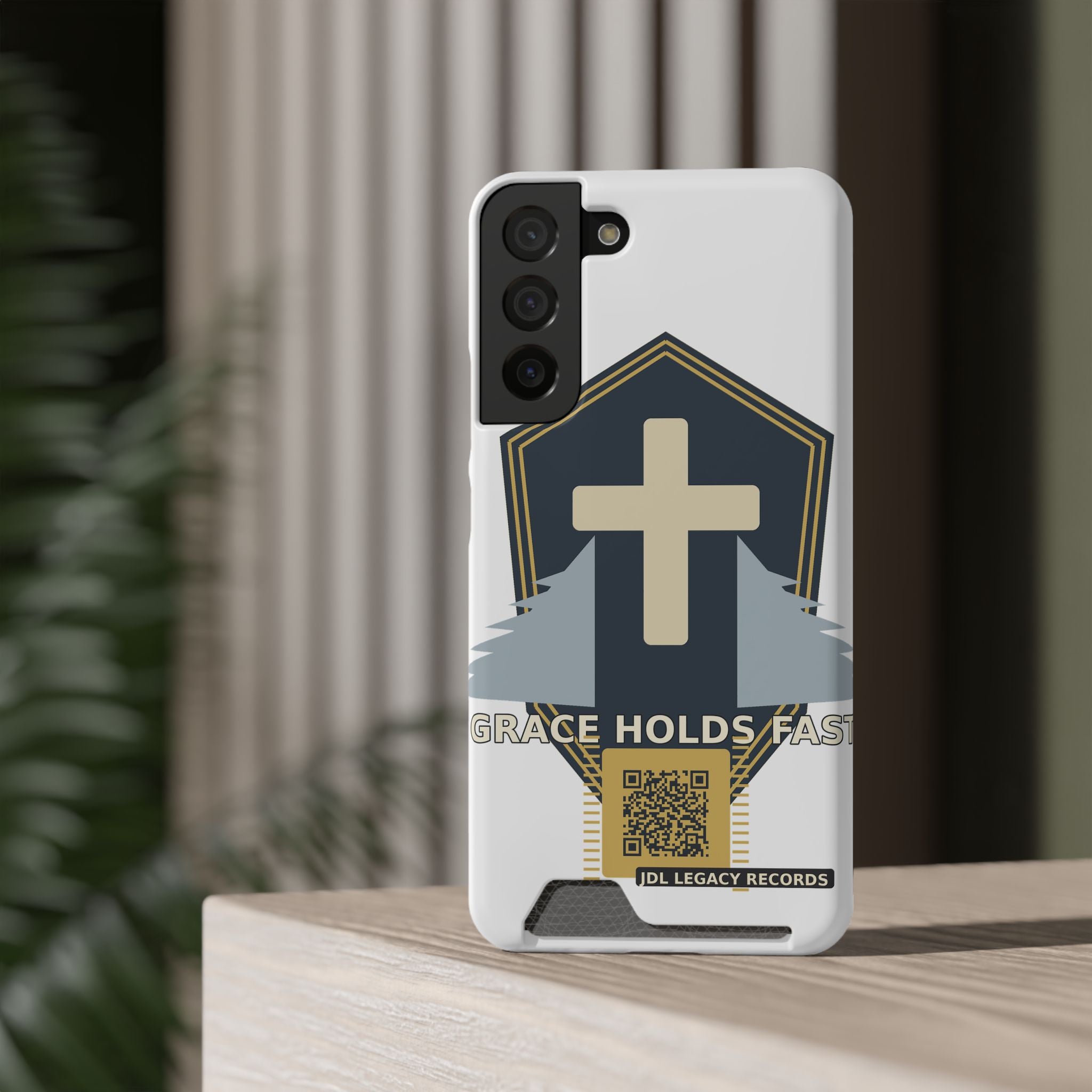 Christian Cross Phone Card Case — "Grace Holds Fast" RFID Cardholder Phone Case