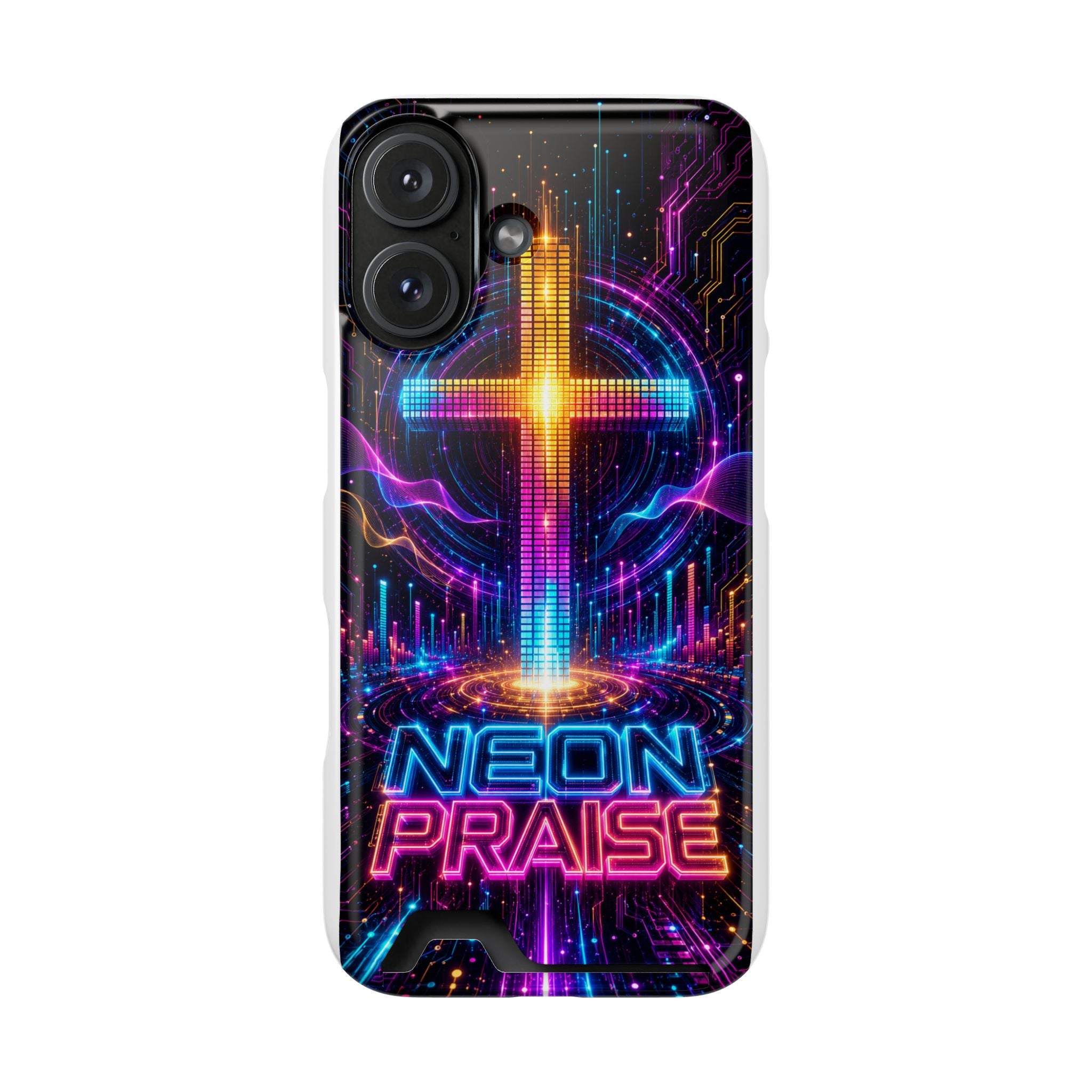 Neon Praise Phone Case with Card Holder — Retro Cross Glow Design