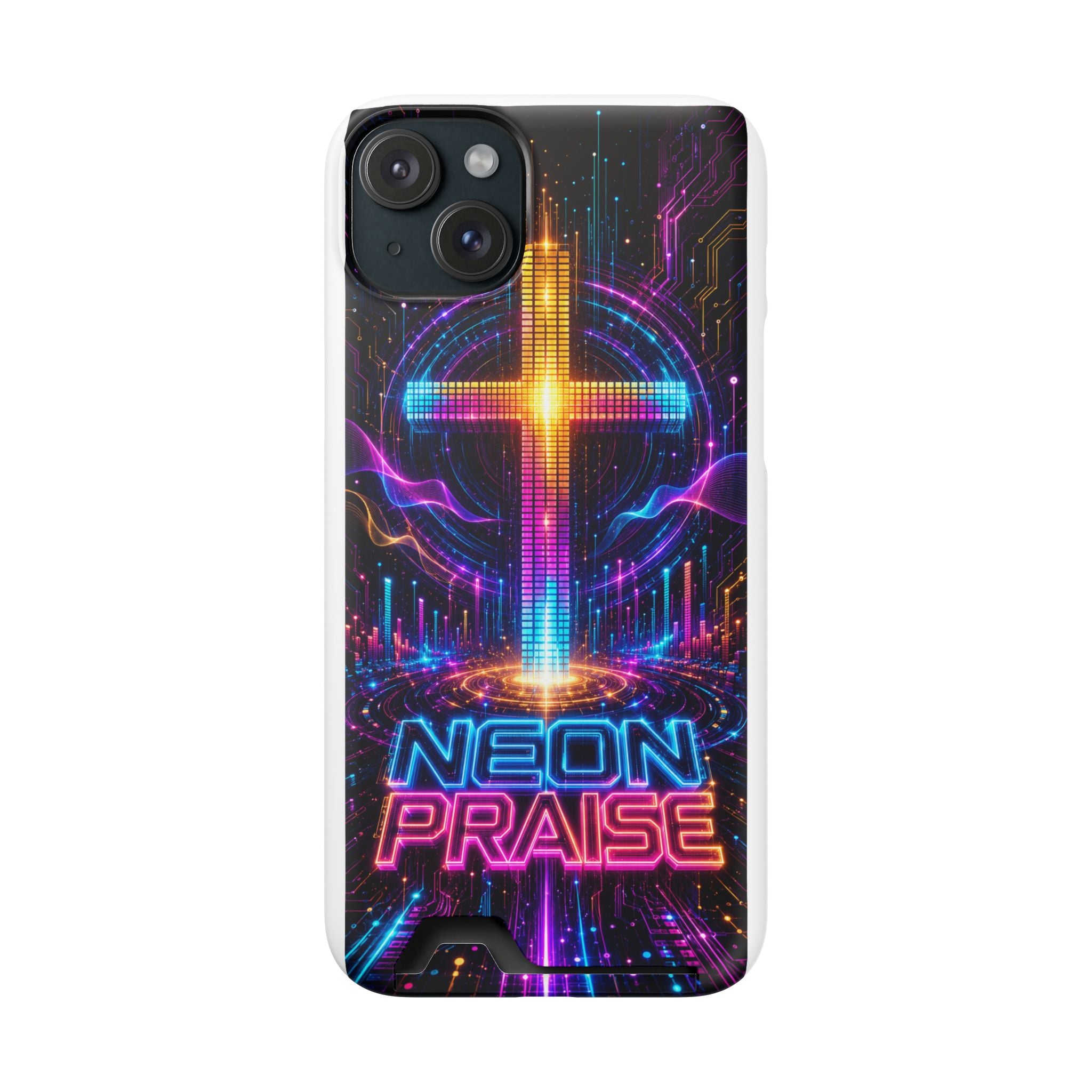 Neon Praise Phone Case with Card Holder — Retro Cross Glow Design