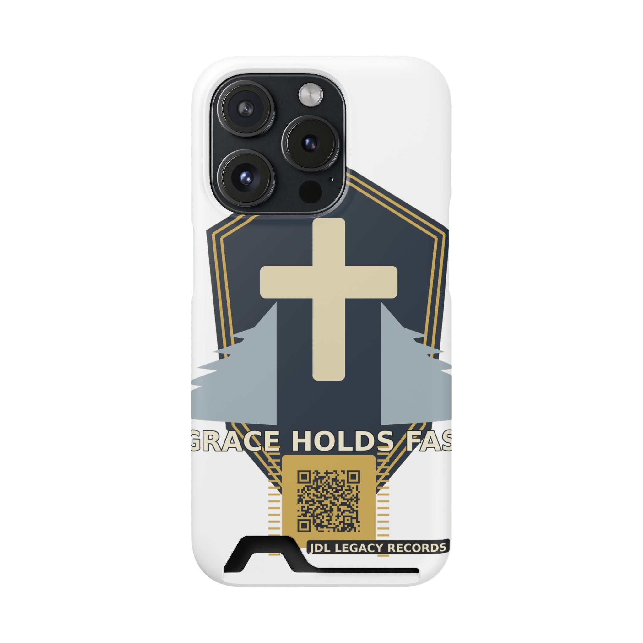 Christian Cross Phone Card Case — "Grace Holds Fast" RFID Cardholder Phone Case