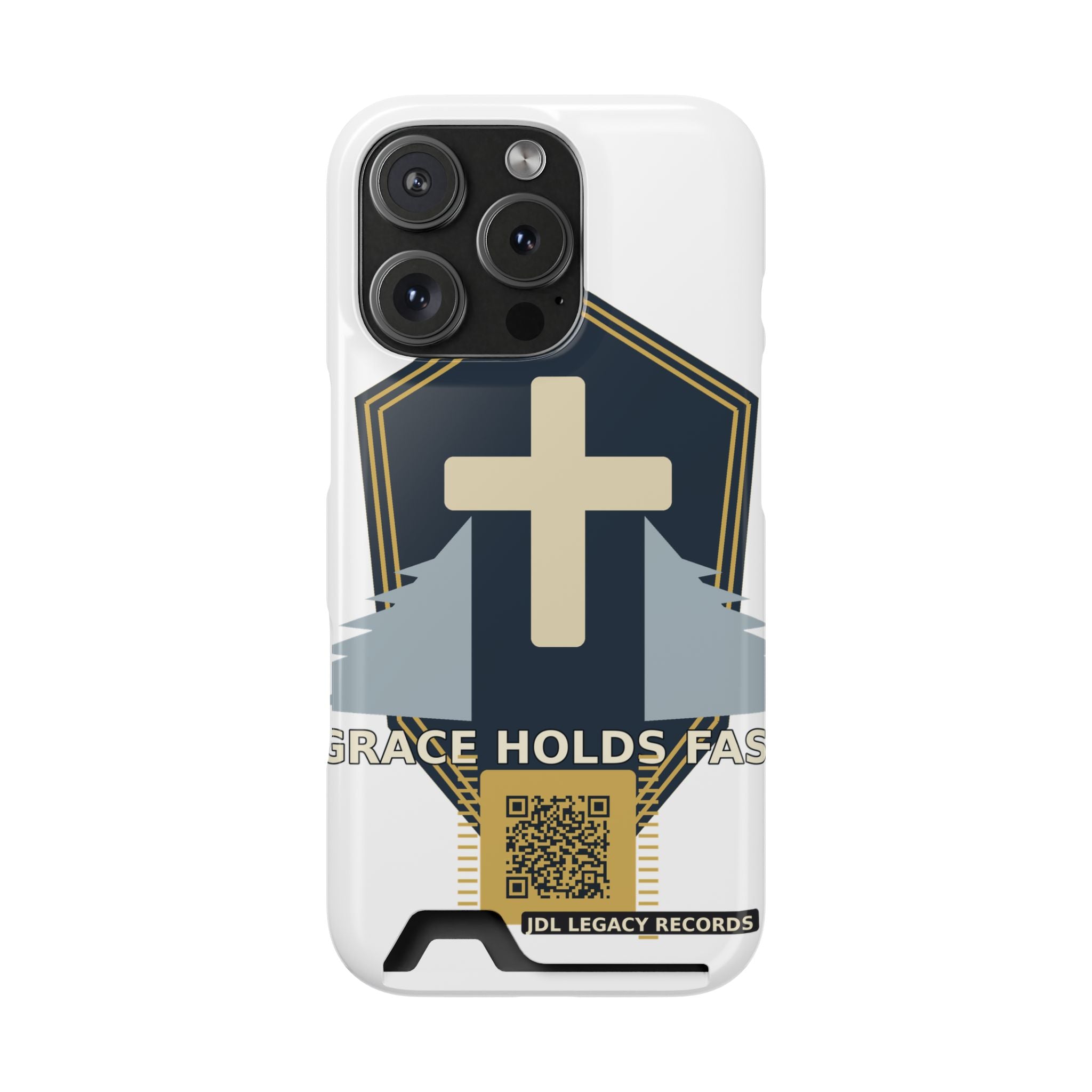Christian Cross Phone Card Case — "Grace Holds Fast" RFID Cardholder Phone Case