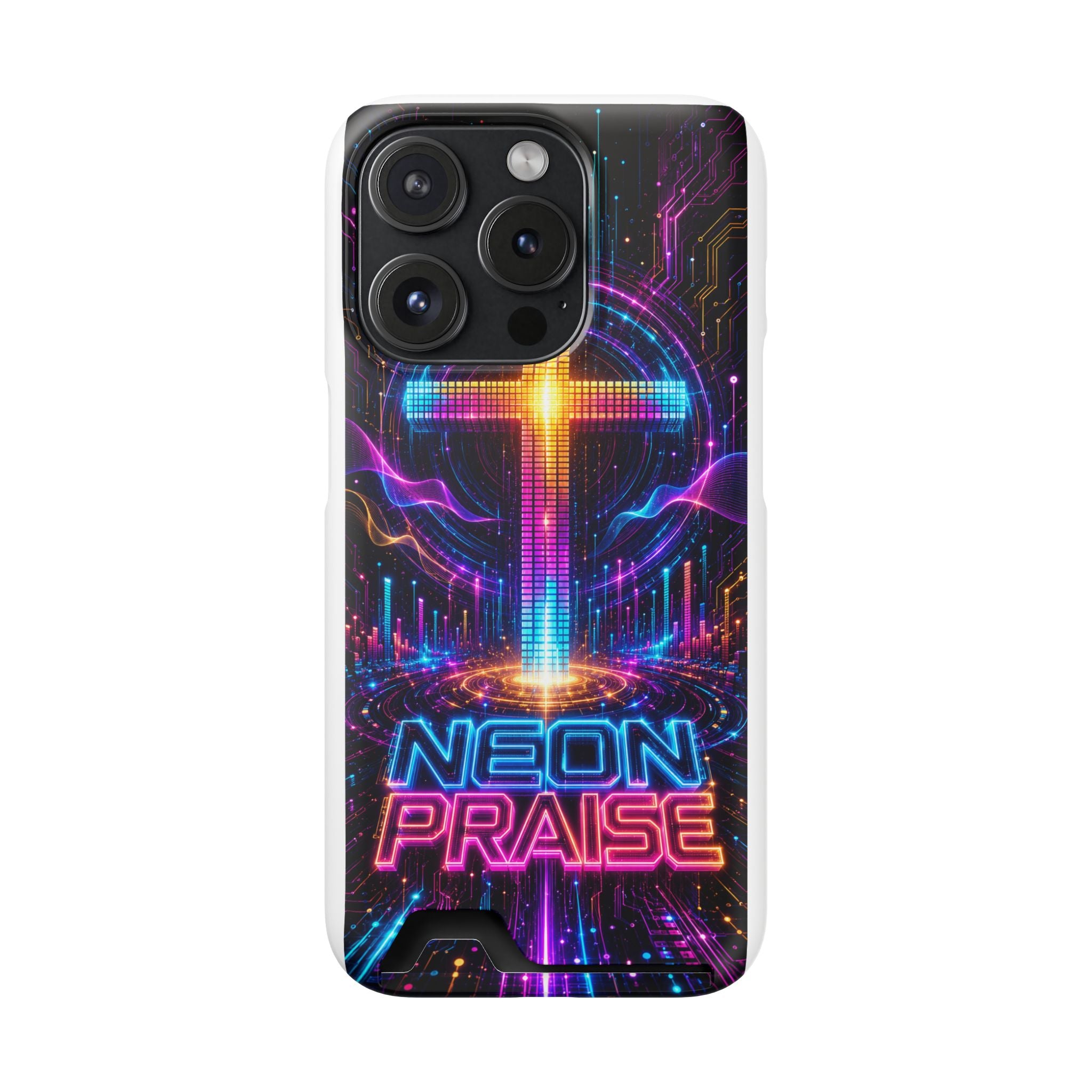 Neon Praise Phone Case with Card Holder — Retro Cross Glow Design