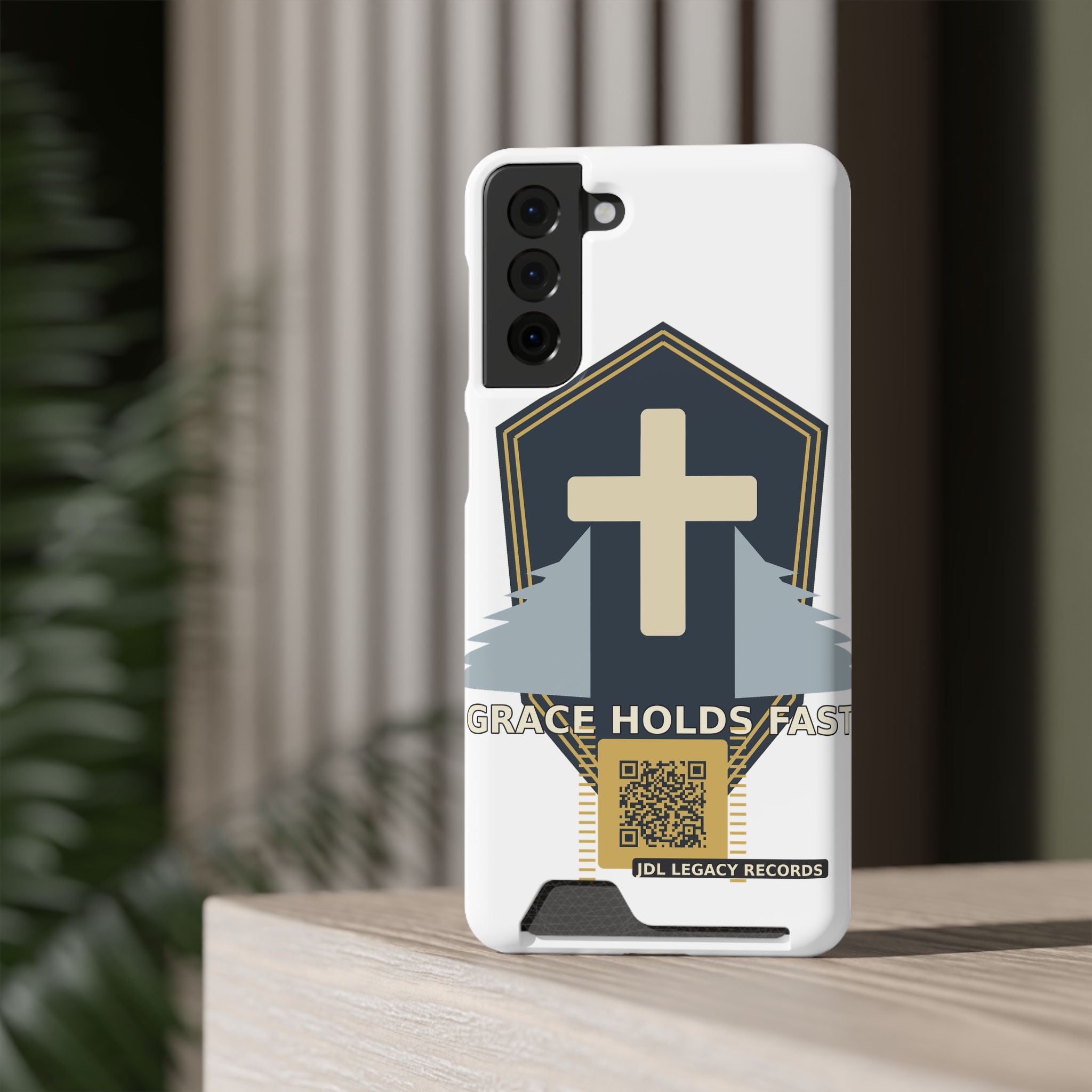 Christian Cross Phone Card Case — "Grace Holds Fast" RFID Cardholder Phone Case
