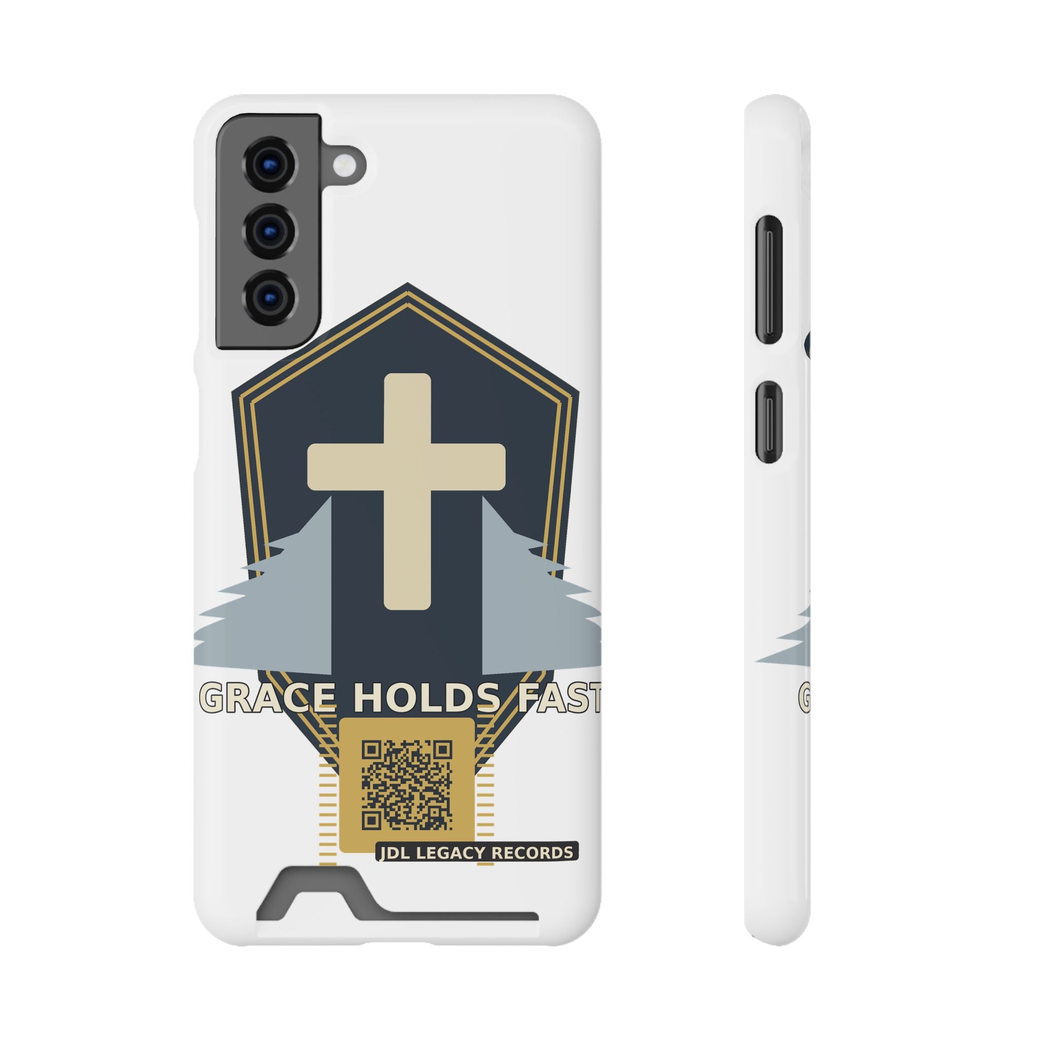 Christian Cross Phone Card Case — "Grace Holds Fast" RFID Cardholder Phone Case