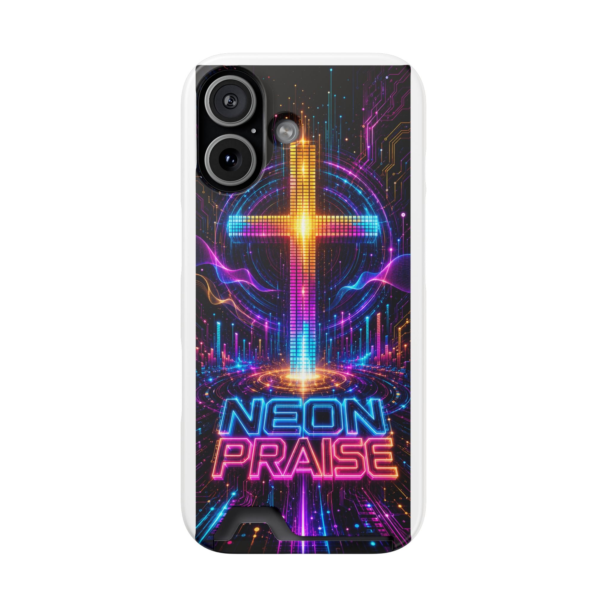 Neon Praise Phone Case with Card Holder — Retro Cross Glow Design