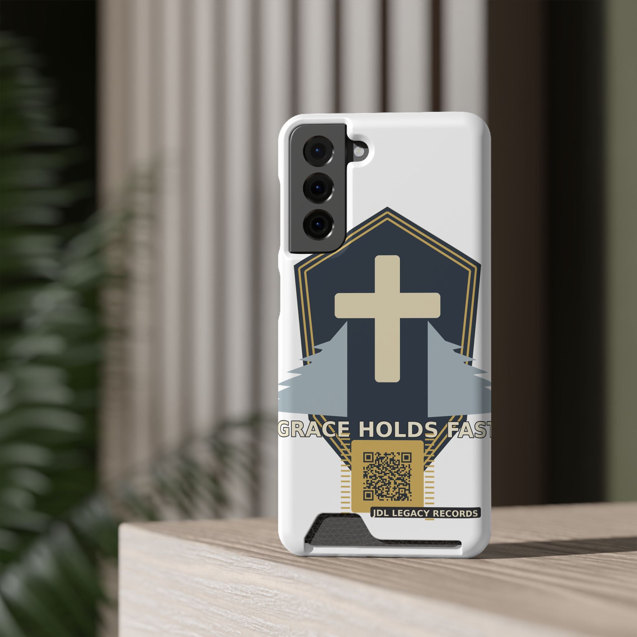 Christian Cross Phone Card Case — "Grace Holds Fast" RFID Cardholder Phone Case
