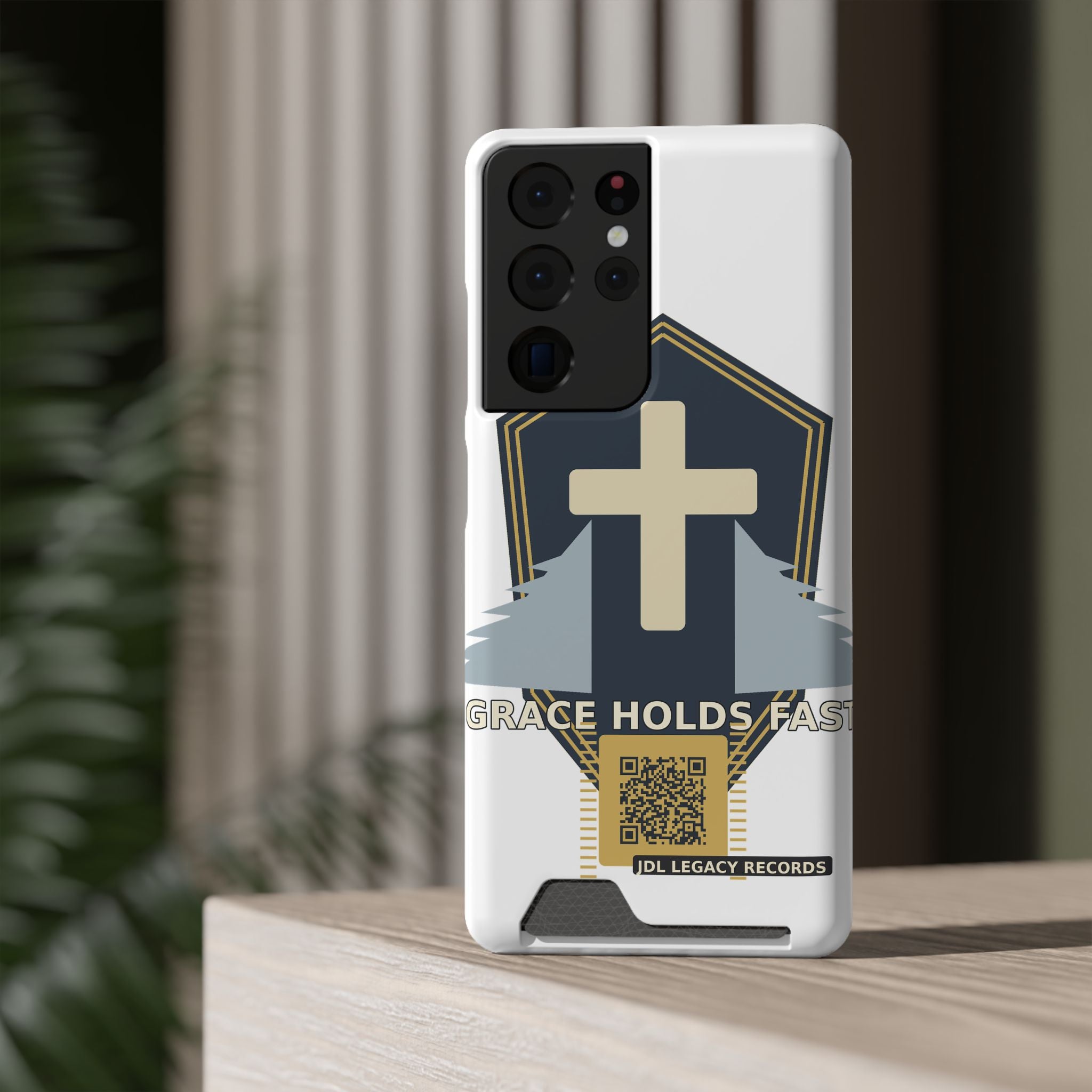 Christian Cross Phone Card Case — "Grace Holds Fast" RFID Cardholder Phone Case