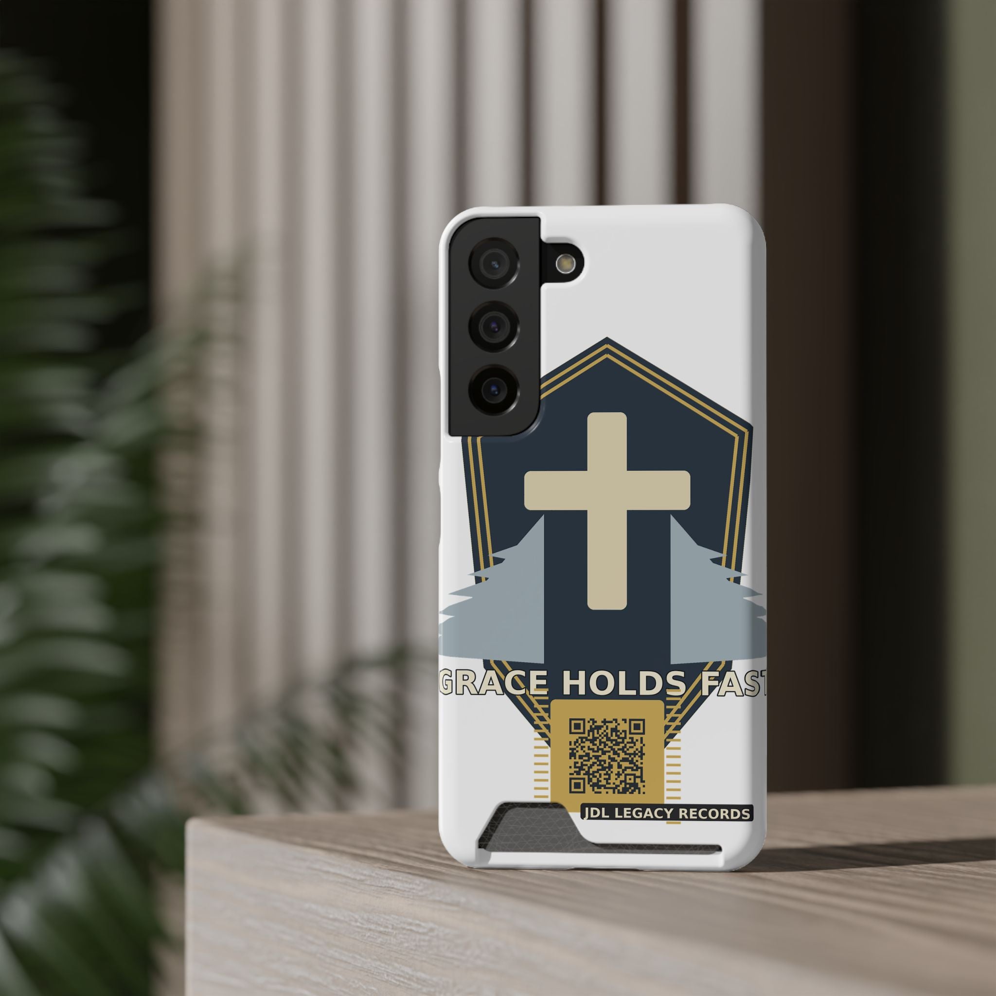 Christian Cross Phone Card Case — "Grace Holds Fast" RFID Cardholder Phone Case