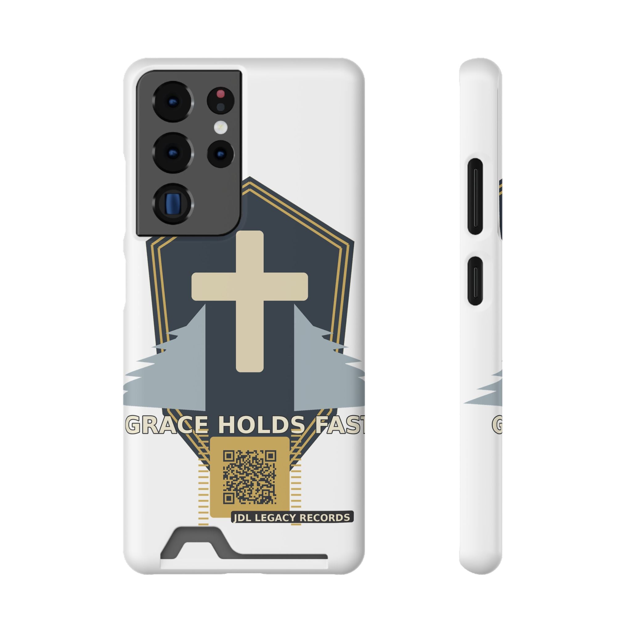 Christian Cross Phone Card Case — "Grace Holds Fast" RFID Cardholder Phone Case