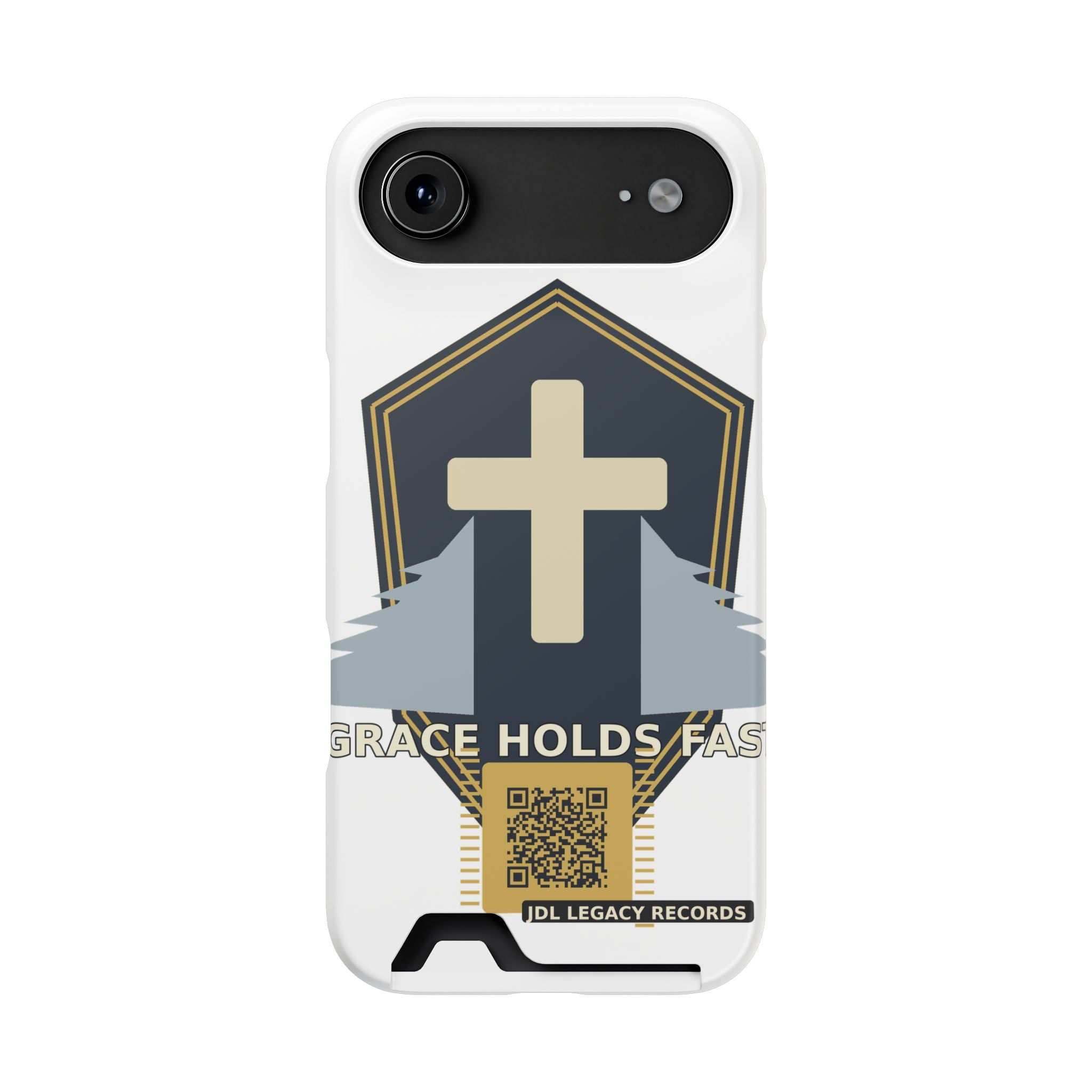Christian Cross Phone Card Case — "Grace Holds Fast" RFID Cardholder Phone Case