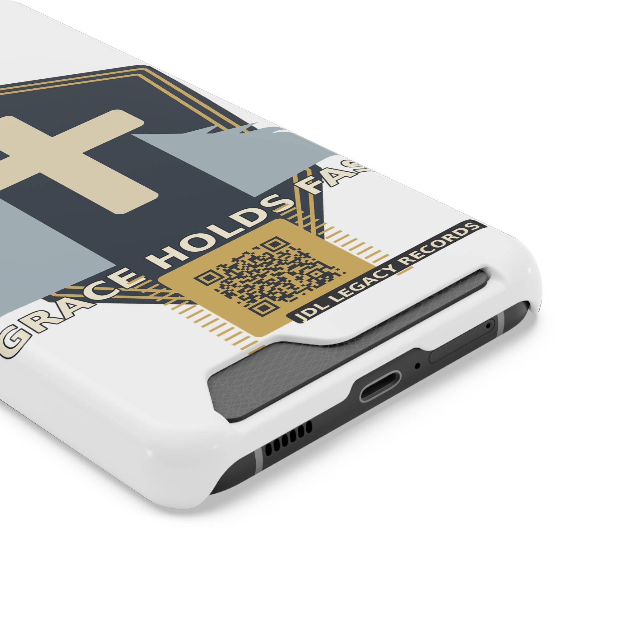Christian Cross Phone Card Case — "Grace Holds Fast" RFID Cardholder Phone Case