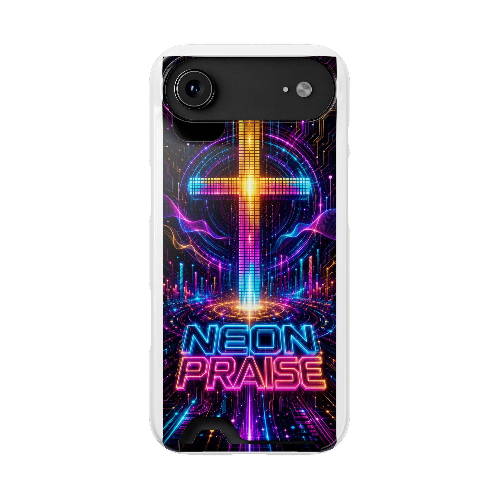 Neon Praise Phone Case with Card Holder — Retro Cross Glow Design