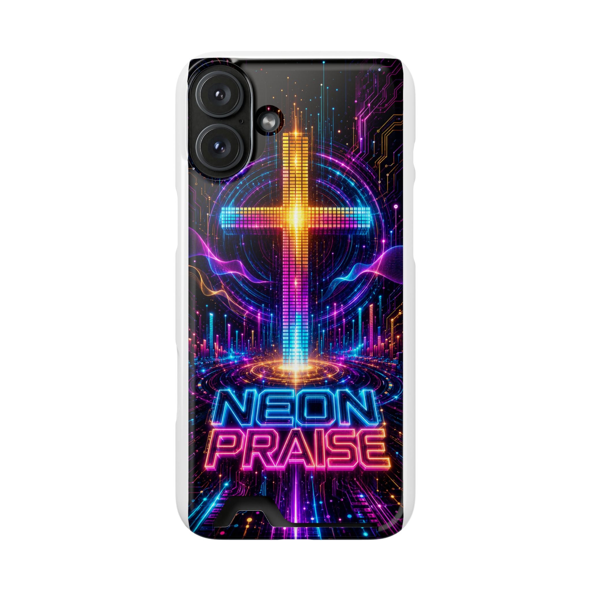 Neon Praise Phone Case with Card Holder — Retro Cross Glow Design