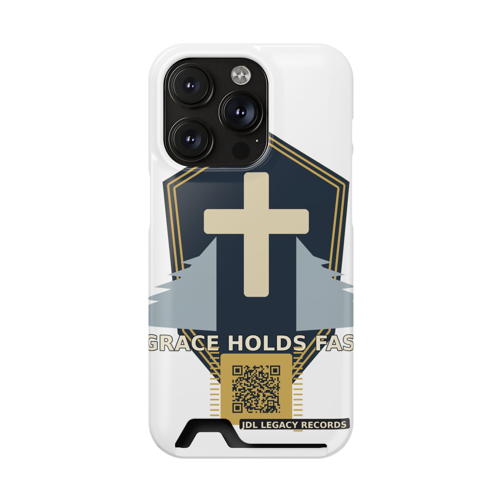 Christian Cross Phone Card Case — "Grace Holds Fast" RFID Cardholder Phone Case