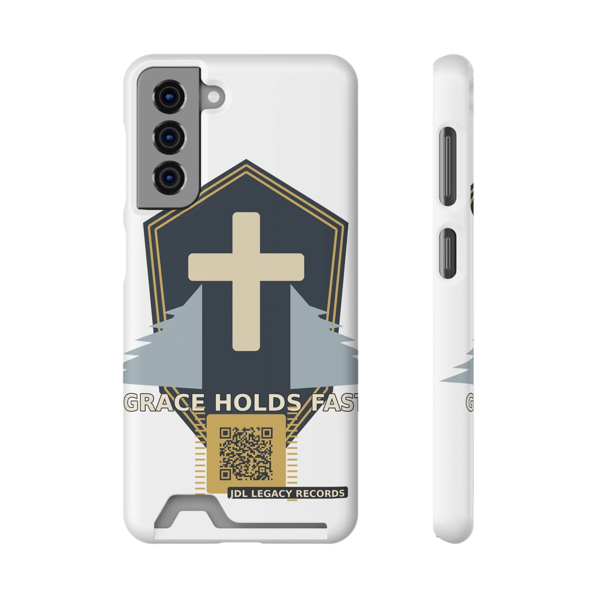 Christian Cross Phone Card Case — "Grace Holds Fast" RFID Cardholder Phone Case