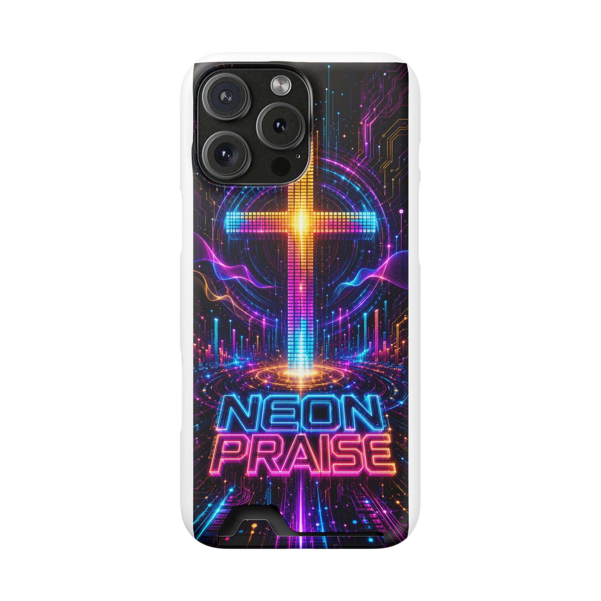 Neon Praise Phone Case with Card Holder — Retro Cross Glow Design