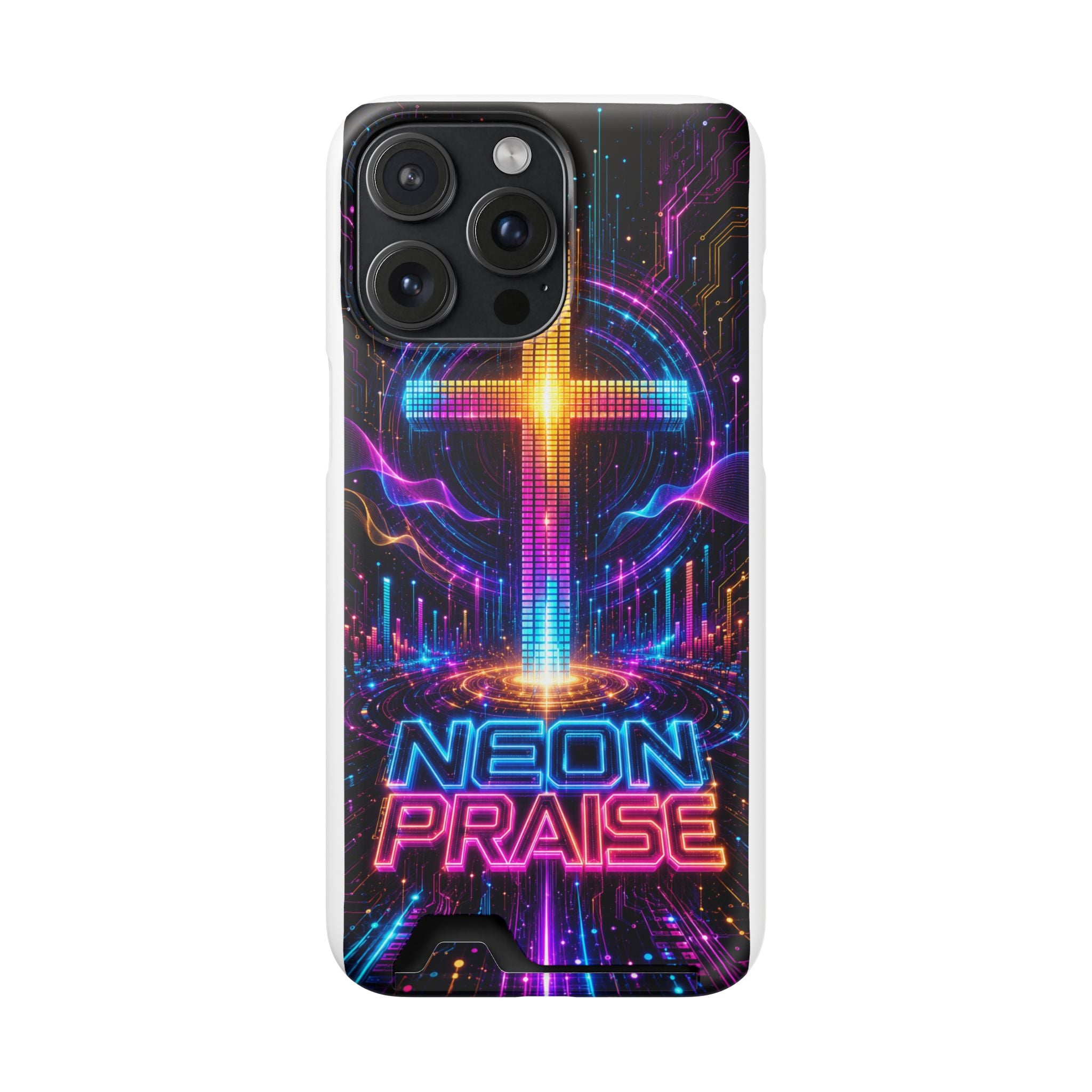Neon Praise Phone Case with Card Holder — Retro Cross Glow Design