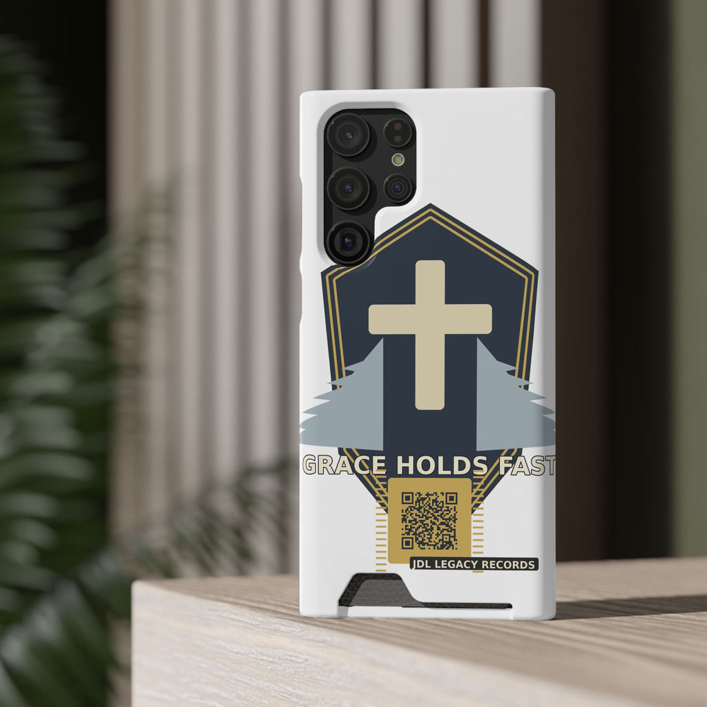 Christian Cross Phone Card Case — "Grace Holds Fast" RFID Cardholder Phone Case